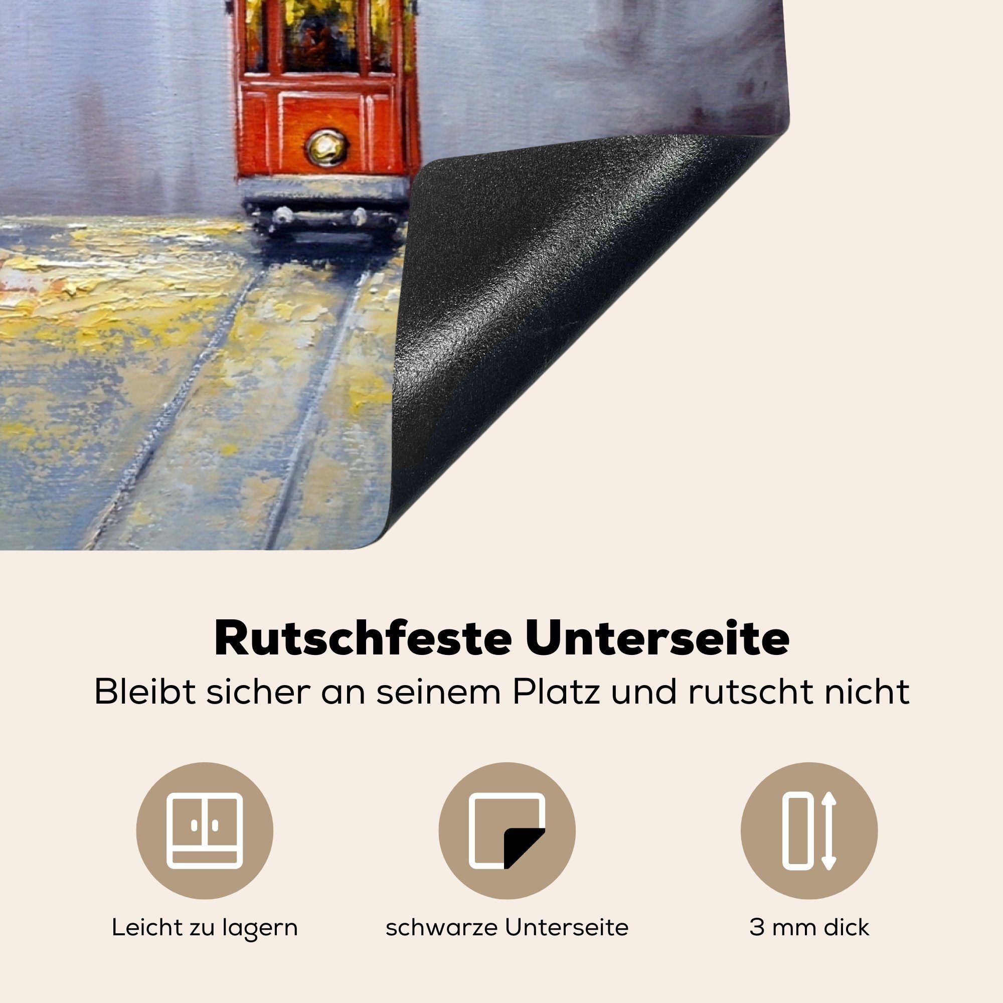 MuchoWow Herdblende-/Abdeckplatte Gemälde - Straßenbahn Arbeitsfläche - (1 Ceranfeldabdeckung Stadt nutzbar, - Öl, 70x52 Mobile cm, Vinyl, tlg)