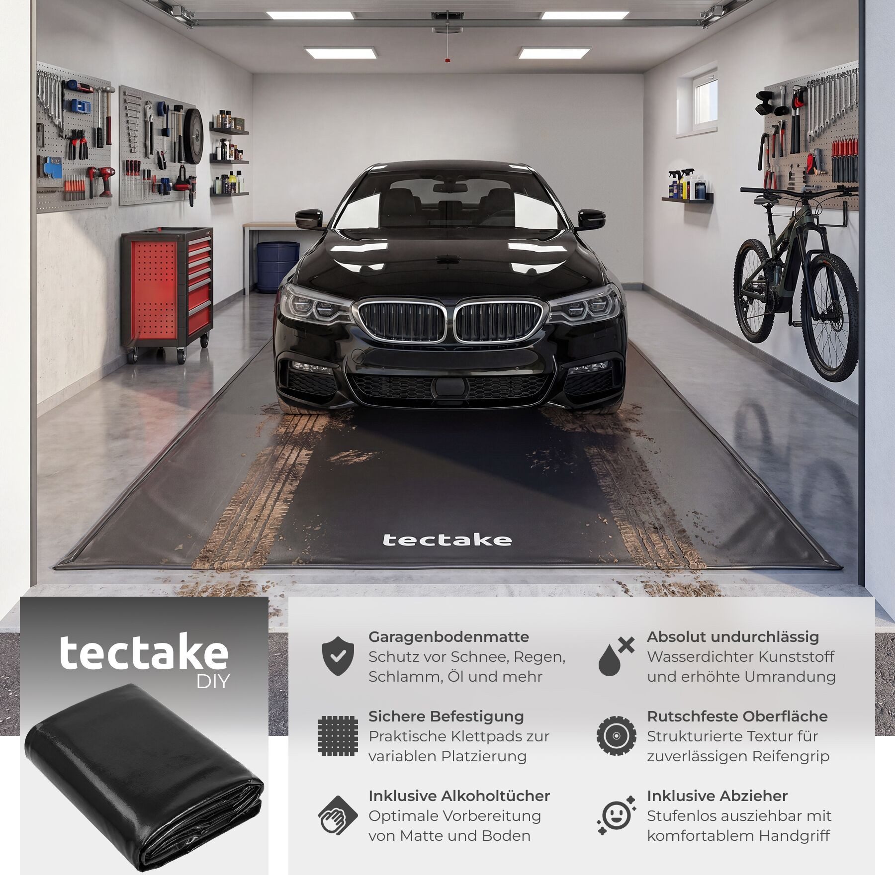 tectake Bodenschutzmatte Garagenbodenmatte mit Klettpads und Alkoholtüchern, 2,4 x 5,5 m, Gummibodenmatte, in schwarz, rutschfest und wasserdicht, erhöhter Rand – Bild 2 von 5