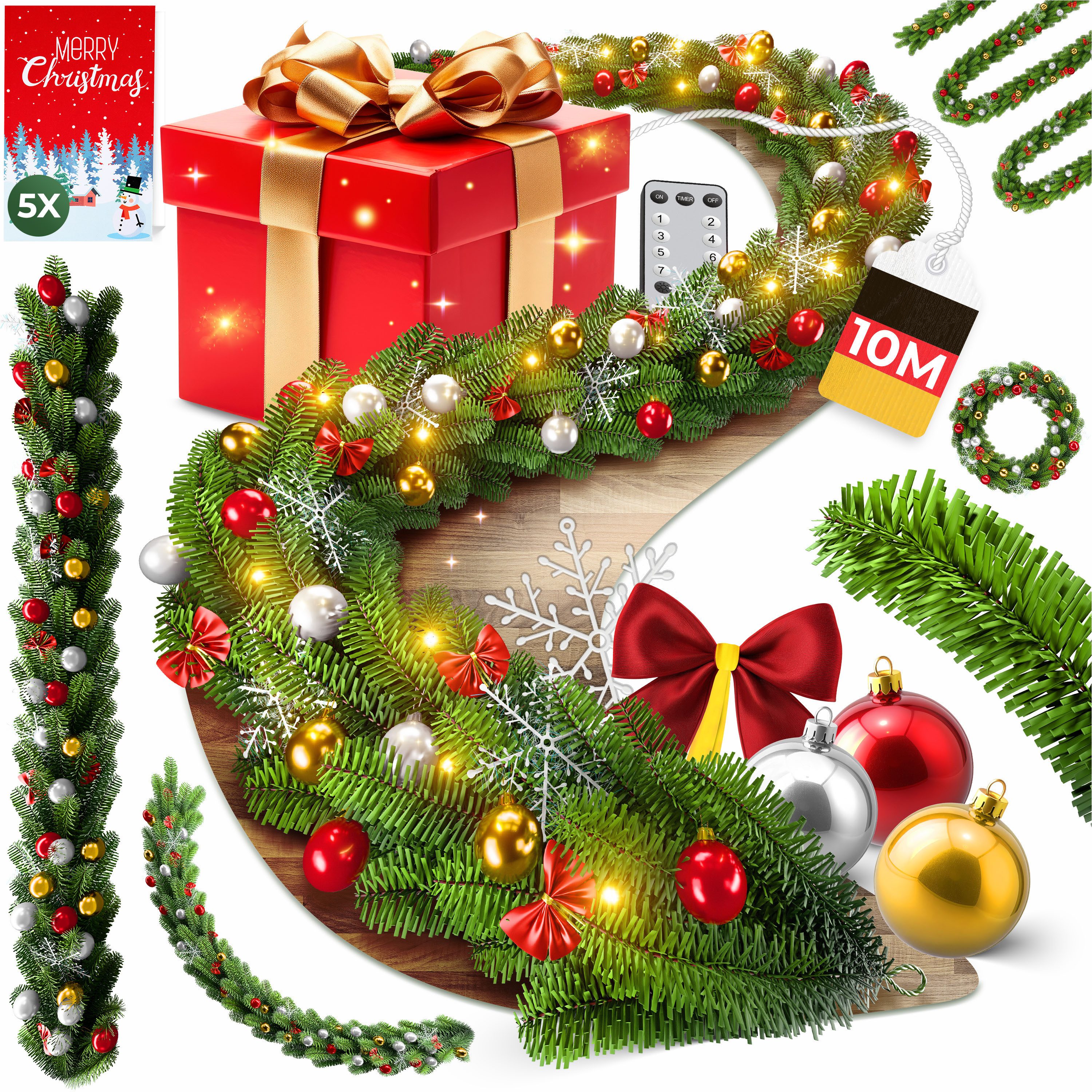 Kunstgirlande Weihnachtsgirlande LED Girlande 10m inkl. Deko-Schmuck & Fernbedienung, KESSER, Weihnachtsdeko, Tannengirlande mit LED-Beleuchtung, In & Outdoor