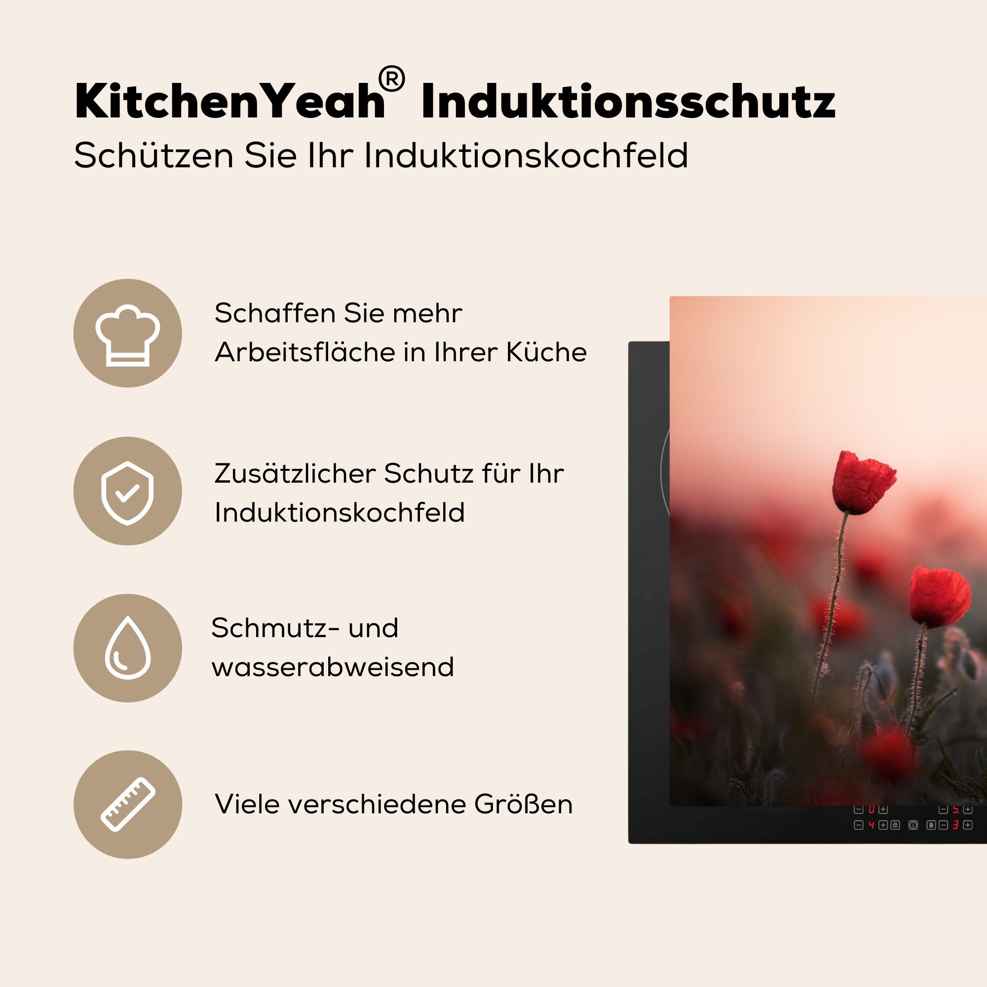 - Vinyl, MuchoWow Rot, für Blumen cm, Schutz (1 Ceranfeldabdeckung Herdblende-/Abdeckplatte 81x52 küche, die - Induktionskochfeld Mohnblumen tlg),