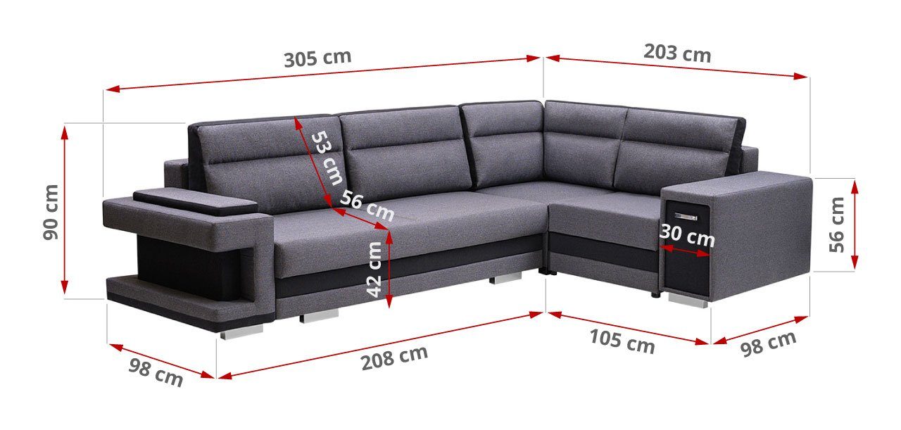 MKS MÖBEL Hellgrau | und Stauraum, mit Inari modernen L-förmig Dunkelgrau Inari Stil im Ecksofa versteckter Bar ADRIA