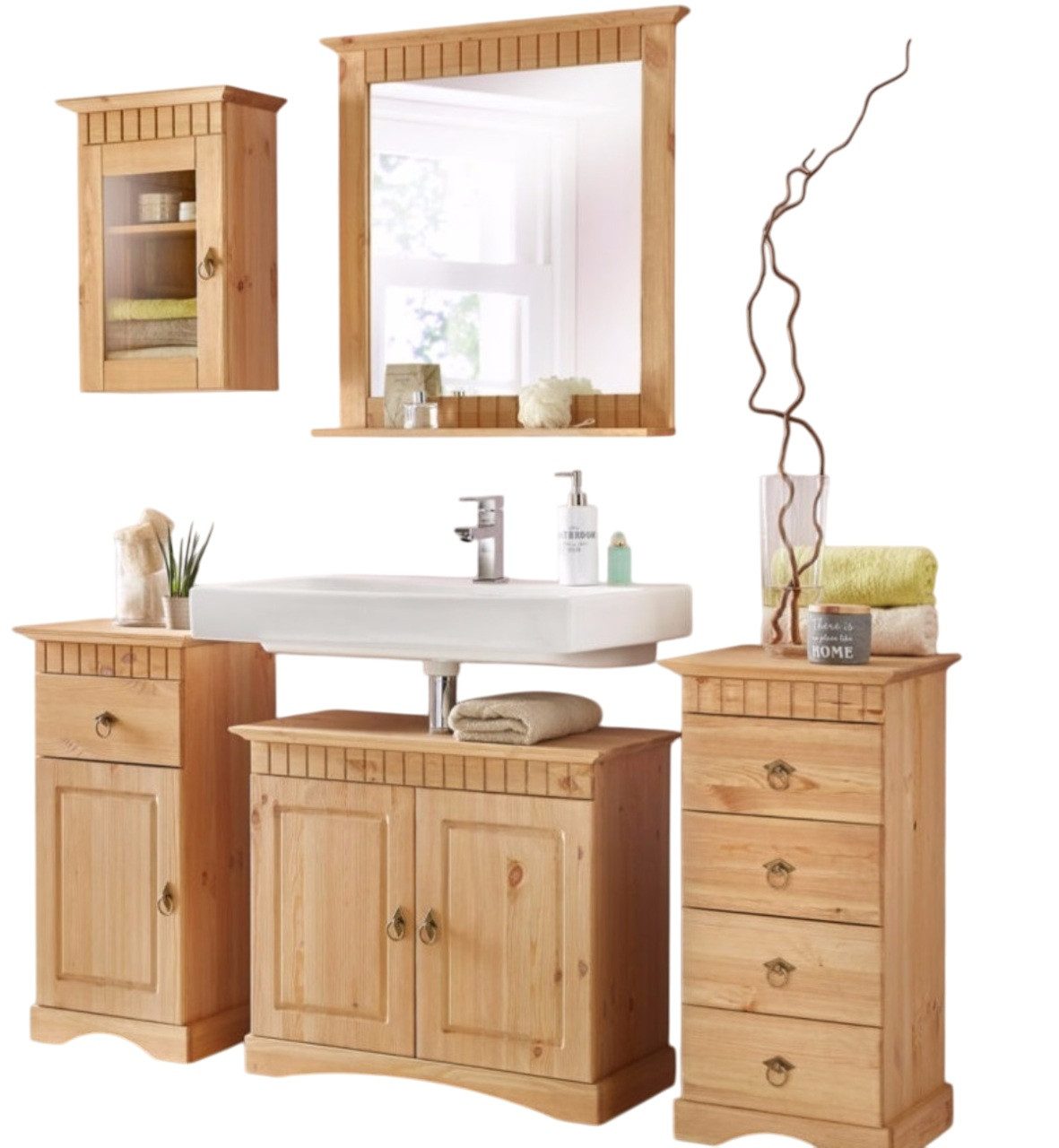 Clever-Moebel Badmöbel-Set 5 tlg Badmöbel Set aus Kiefernholz im Landhausstil gelaugt