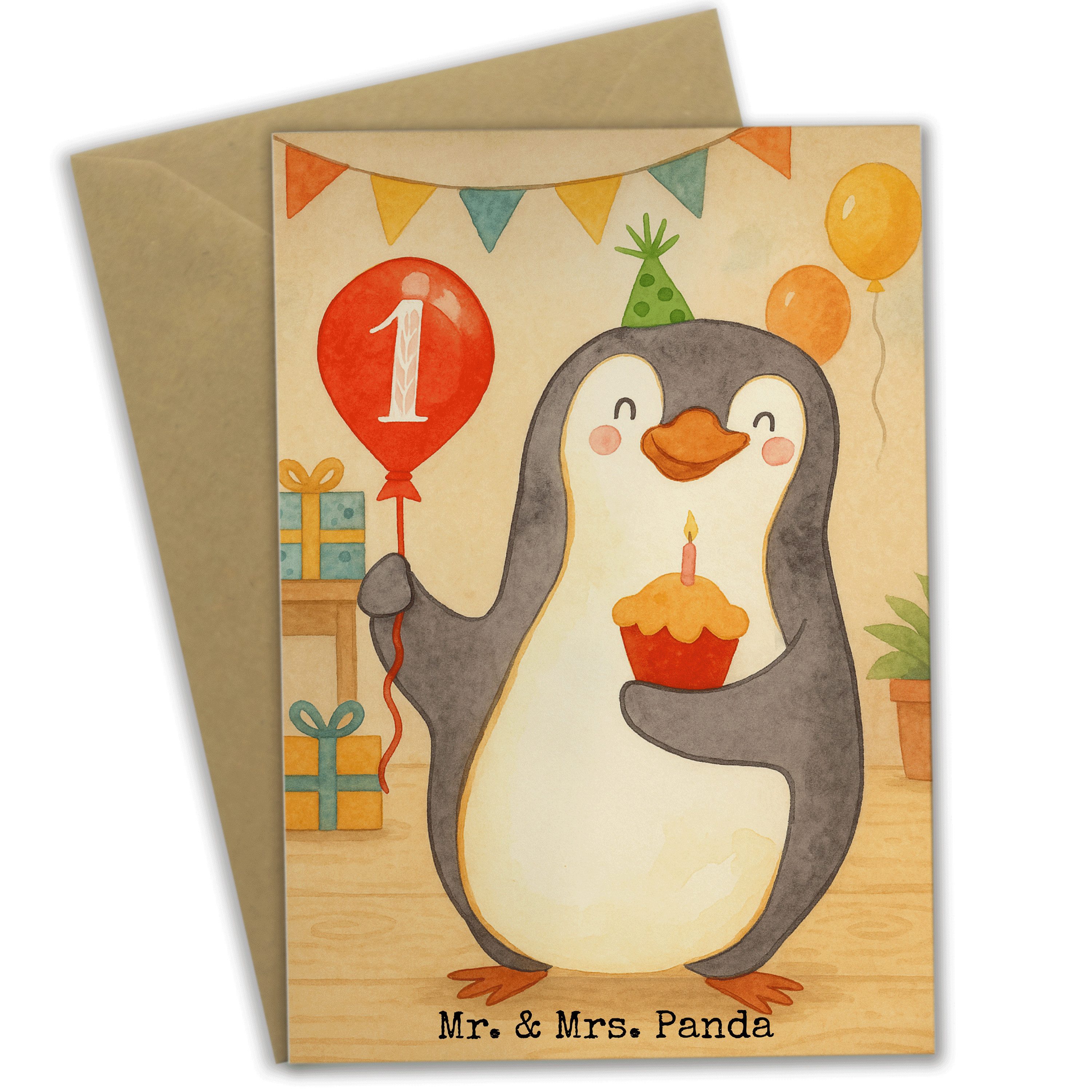 Mr. & Mrs. Panda Grußkarte 1. Geburtstag Pinguin Luftballon Design, Grußkarte, Weiß, Einladungsk, Ansichtskarten Klappkarte Einladungskarte