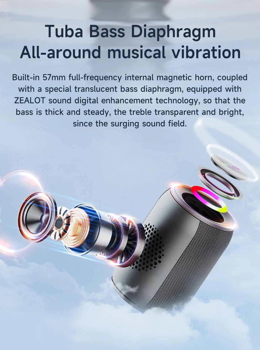 ZEALOT S32 PRO Lautsprecher Bluetooth Wasserdicht Kabellos Musikbox Bluetooth-Lautsprecher (15 W, IPX5 Wasserdicht, 15 Std. Musikwiedergabe, 360° Bass) – Bild 4 von 5