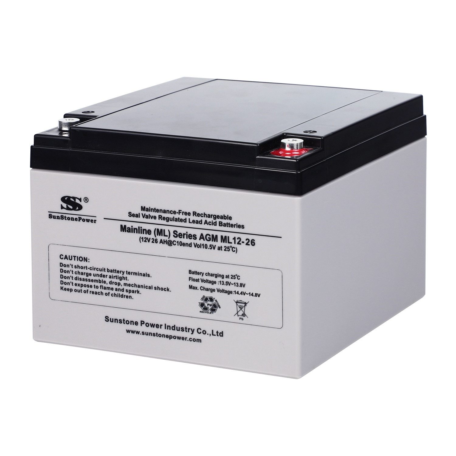 Sunstone Power AGM 12V 26Ah Aufladbare Zyklenfest Energiespeicher Batterie für USV PV Bleiakkus 26000 mAh (12 V), Wartungsfreie VRLA-AGM-Technologie, für USV- und Notstromanlagen