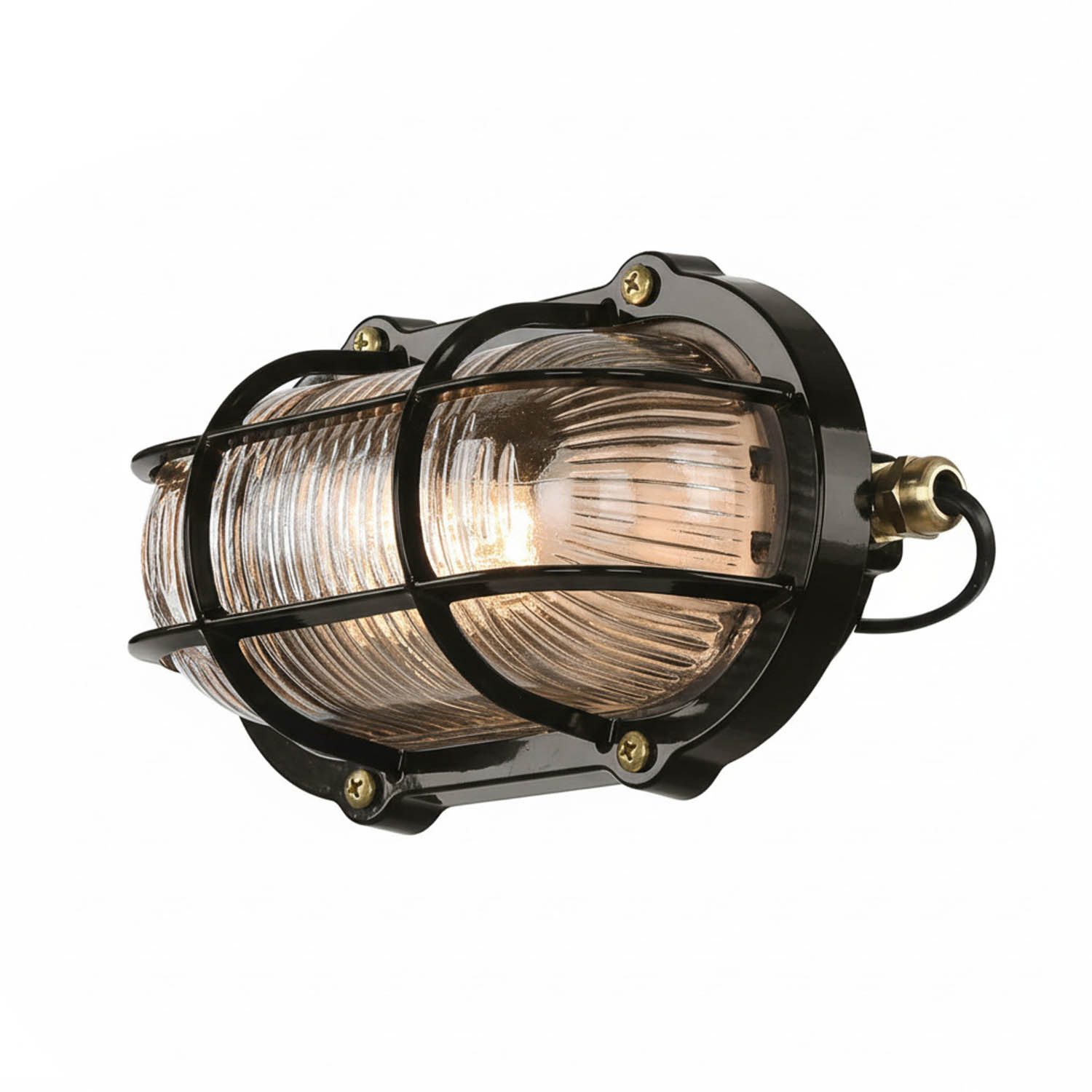 Licht-Erlebnisse Außen-Wandleuchte SKIATHOS, ohne Leuchtmittel, Ovalleuchte Glas Messing B: 21 cm IP64 Schwarz E27 Maritim