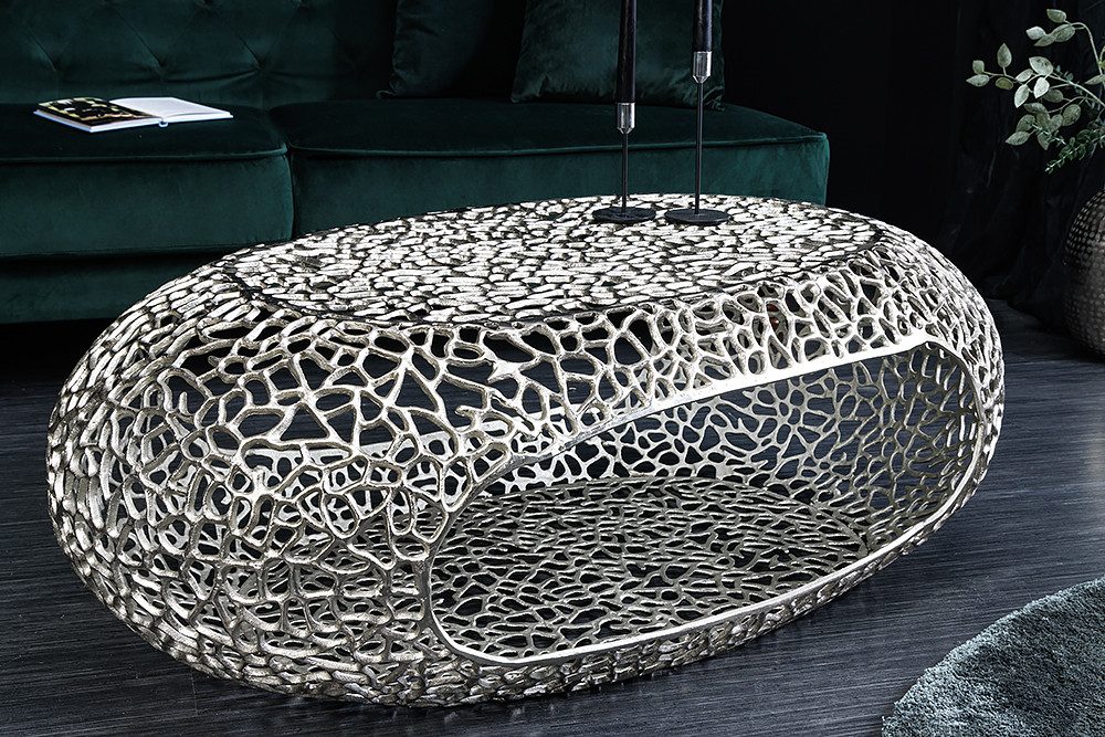 riess-ambiente Couchtisch ORGANIC 120cm silber (Einzelartikel, 1-St), Wohnzimmer · Metall · oval · mit Stauraum · handmade · Modern Design