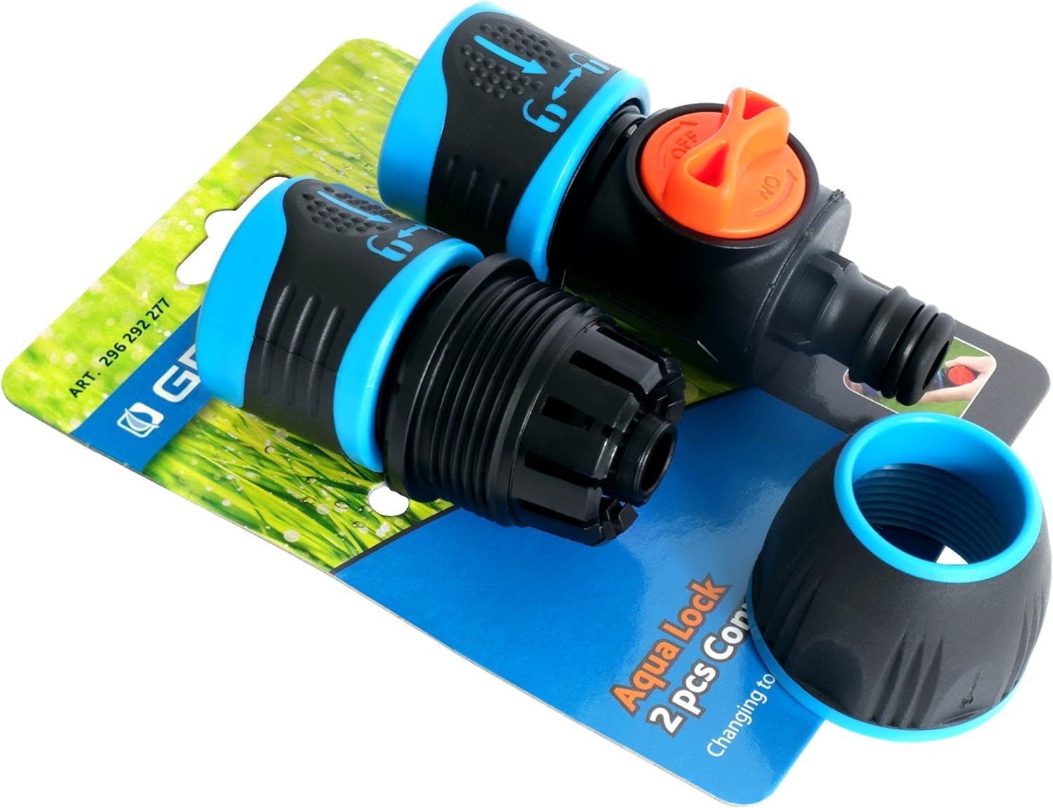 GRÜNTEK Bewässerungsschlauch Schlauchverbinder und Connector Set 1/2', 3/4', 5/8' mit Wasserstop, ank des Wasser-Stop-Systems des Konnektors kann zwischen unterschiedlichen Bewässerungssystemen gewechselt werden, ohne dafür das Wasser abstellen zu müssen., (Konnektor/Uhr), Aqua-Stopp System. Schlauchkupplung