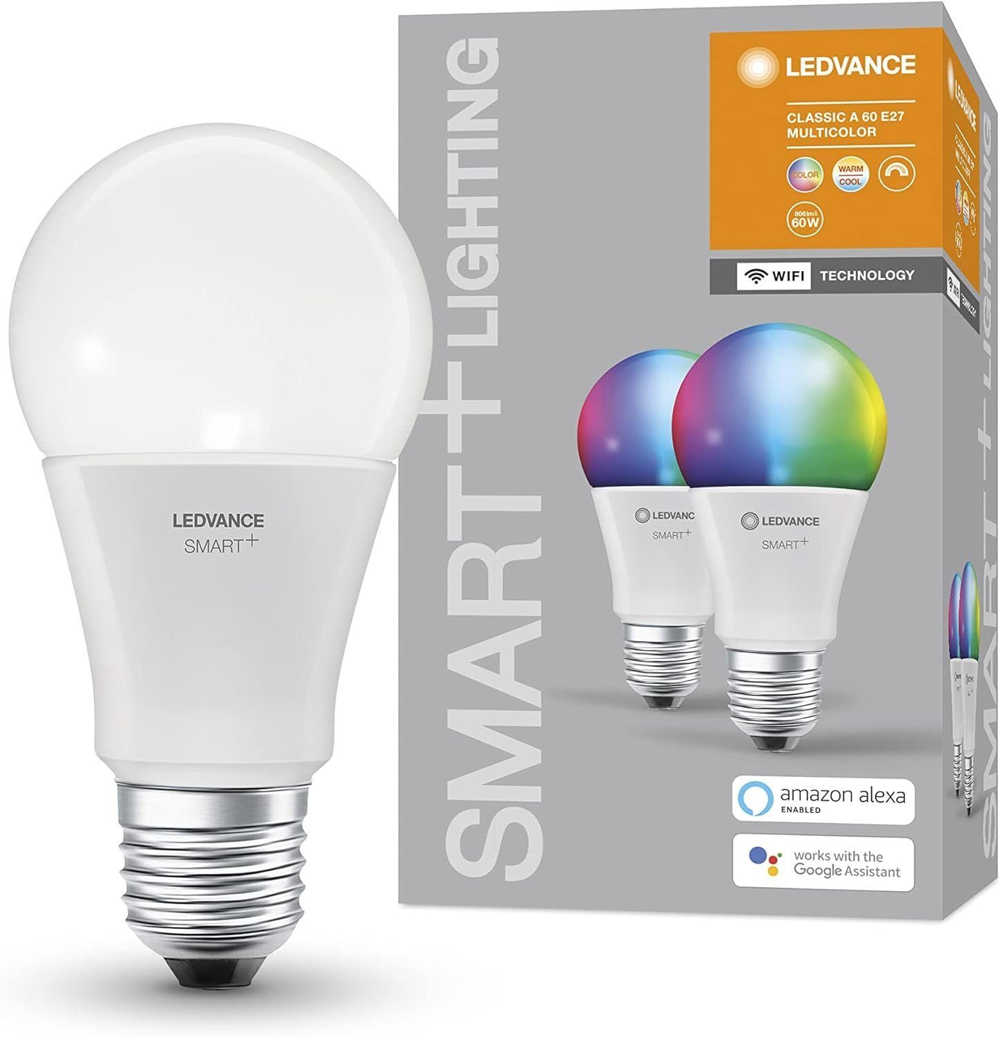 Ledvance LED-Leuchtmittel LED Lampe E27 RGB dimmbar Smart Wifi Glühbirne warmweiß kaltweiß 2er, E27, 2 St., RGBW, App-Steuerung, Dimmbar, Energiesparend, Farbwechsel, RGB