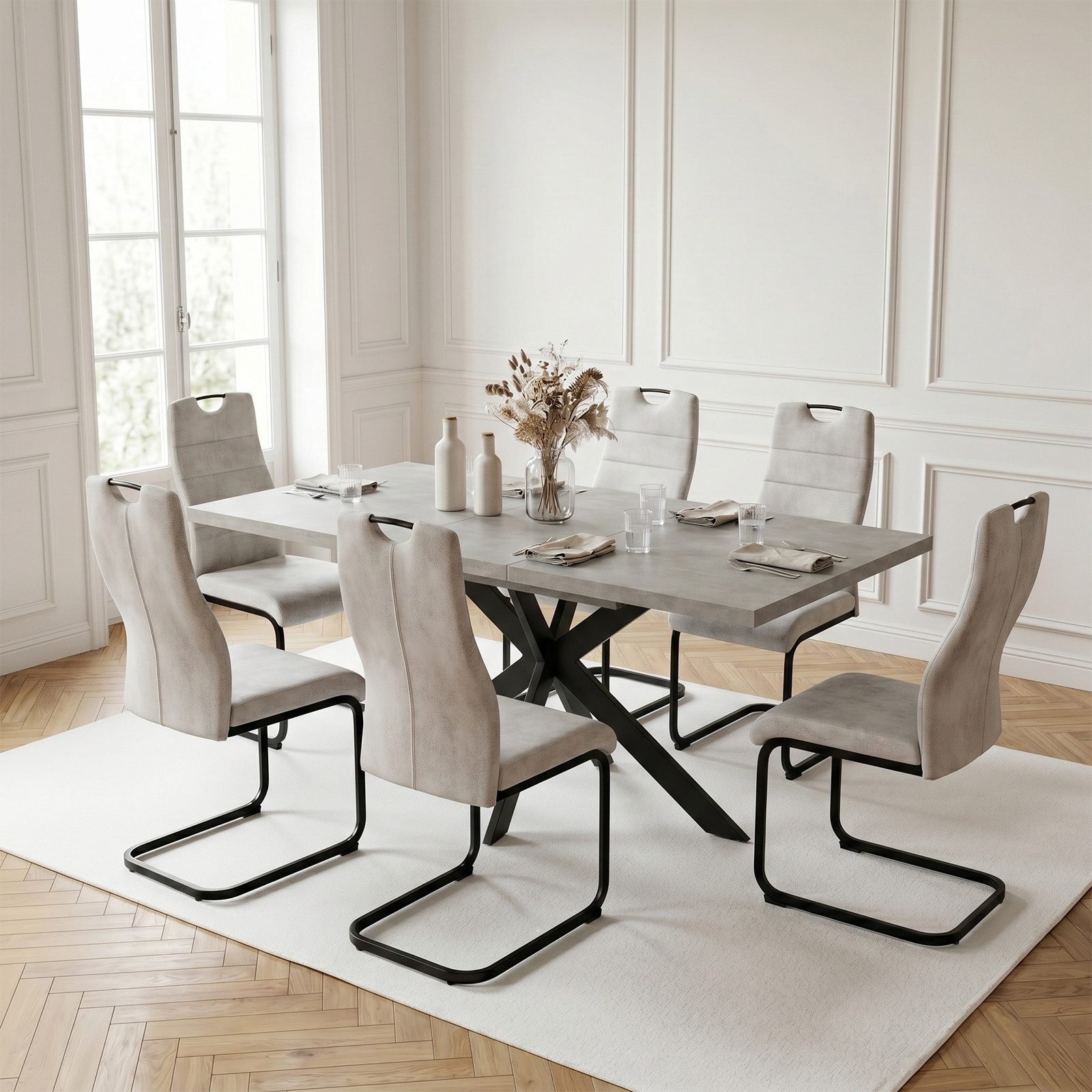 Jiexi Essgruppe Tisch-und Stuhlset, Ausziehbarer Esstisch (130–170 cm) mit 4-6 Stühlen