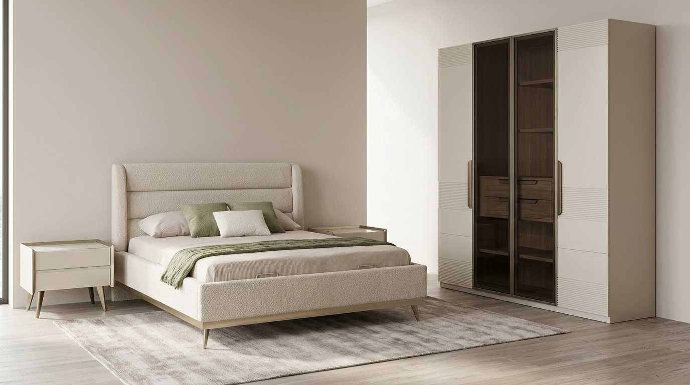 Xlmoebel Komplettschlafzimmer Schlafzimmer Set Beige Modern Luxus Bett Kleiderschrank Nachttisch, (4-tlg., 1x Bett, 2x Nachttische, 1x Kleiderschrank)