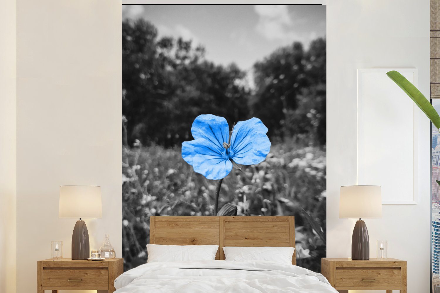 MuchoWow Fototapete Blumen - Schwarz - Weiß - Blau, Matt, bedruckt, (3 St), Montagefertig Vinyl Tapete für Wohnzimmer, Wandtapete