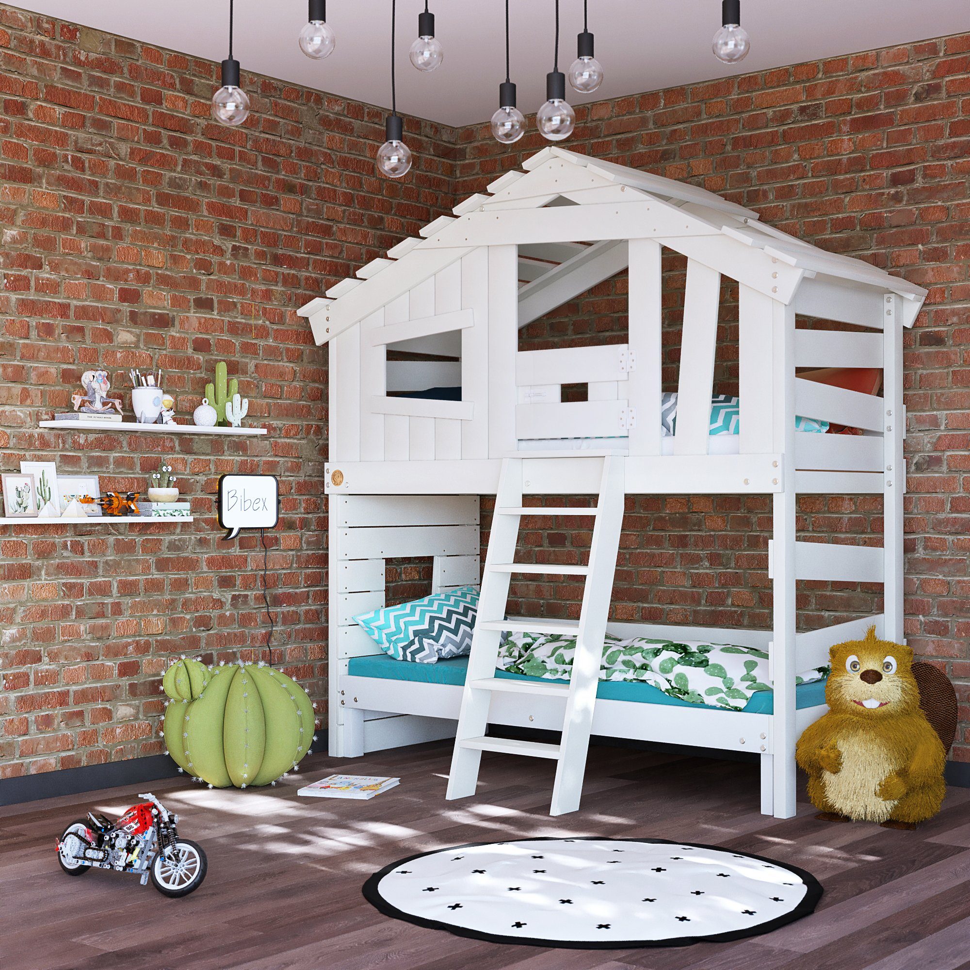 bibex Hochbett ALPIN CHALET Hochbett, Kinderbett, Etagenbett - Creme-Beige