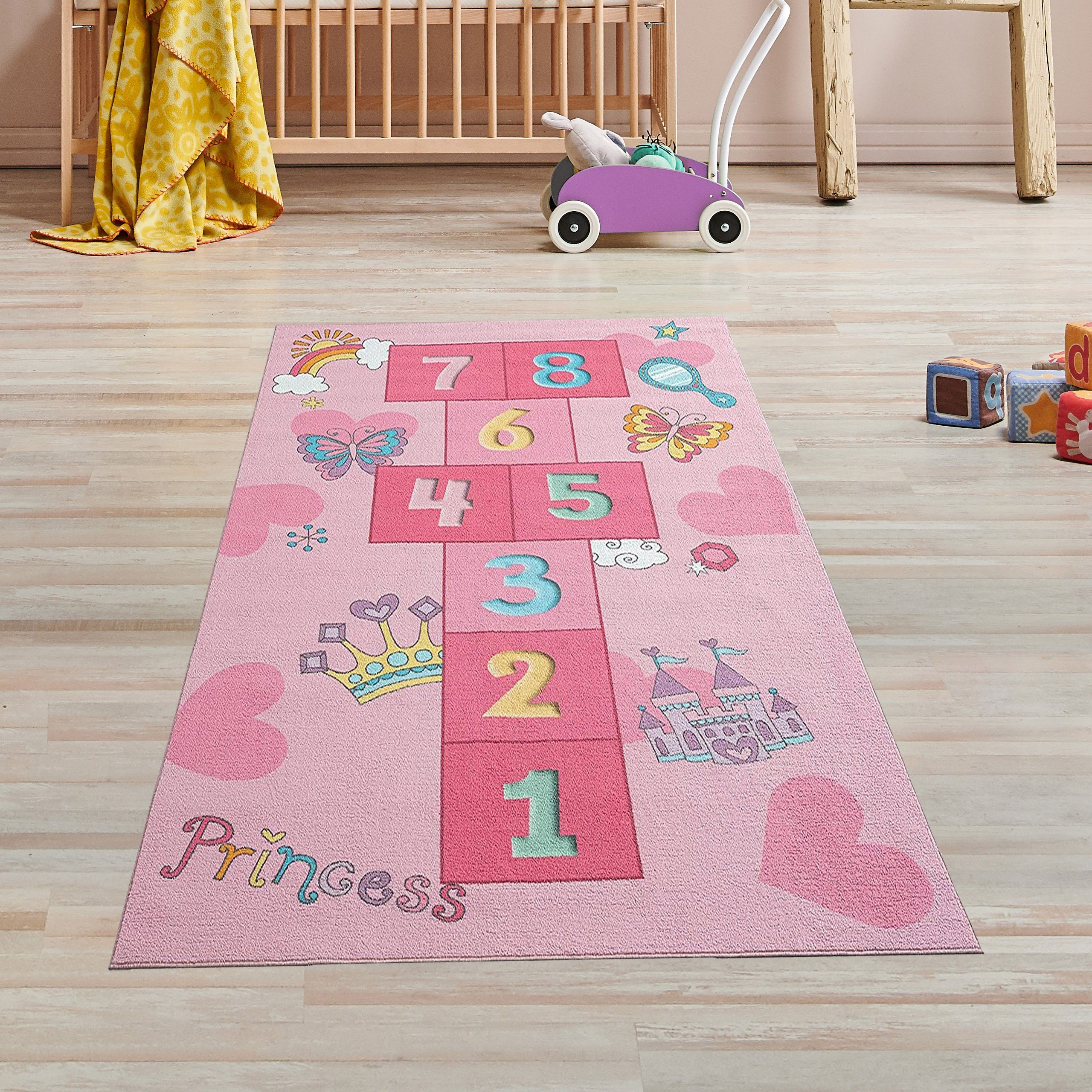 TeppichHome24 Teppich Prinzessinnen Hüpfspielteppich mit Herzen in pink, rechteckig, Höhe: 7 mm – Bild 3 von 5