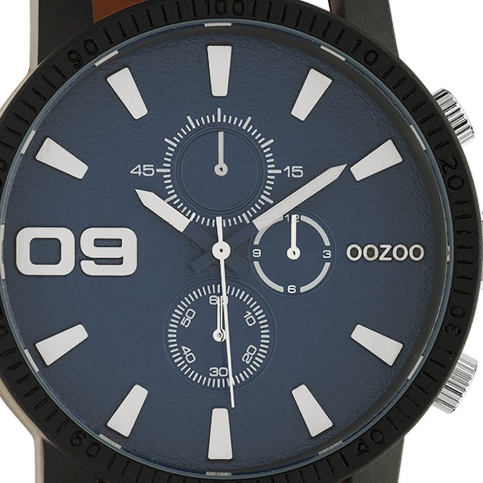 OOZOO Quarzuhr Oozoo Herren Armbanduhr blau Analog, Herrenuhr rund, extra  groß (ca. 50mm) Lederarmband, Casual-Style