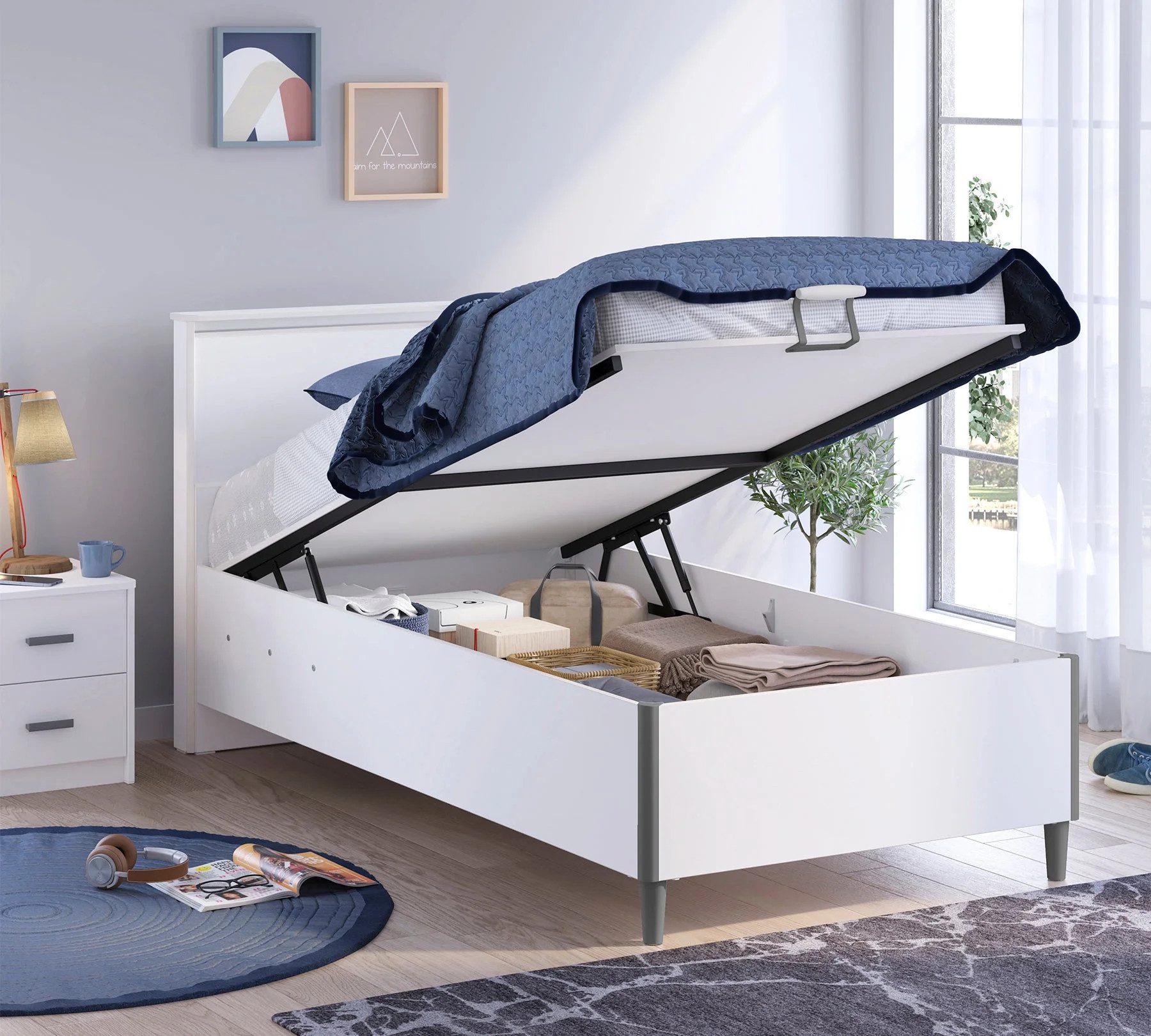 Möbel-Zeit Bett WHITE mit Bettkasten und Kopfteil, 100x200 -120x200 cm, Optional mit Matratze