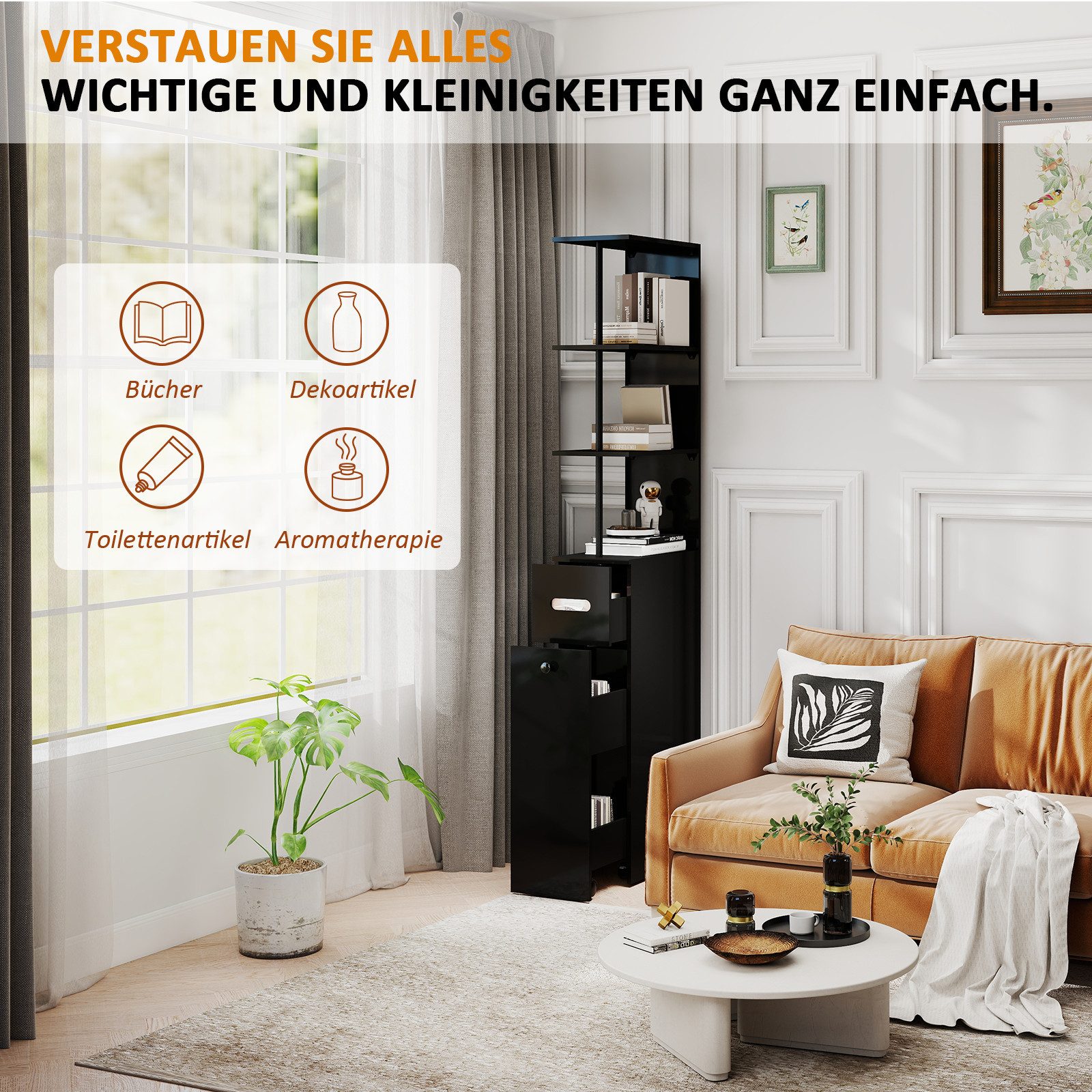 Puluomis Badkommode Badezimmschrank mit Schubladen, Hochschrank schmal (weiß/schwarz)