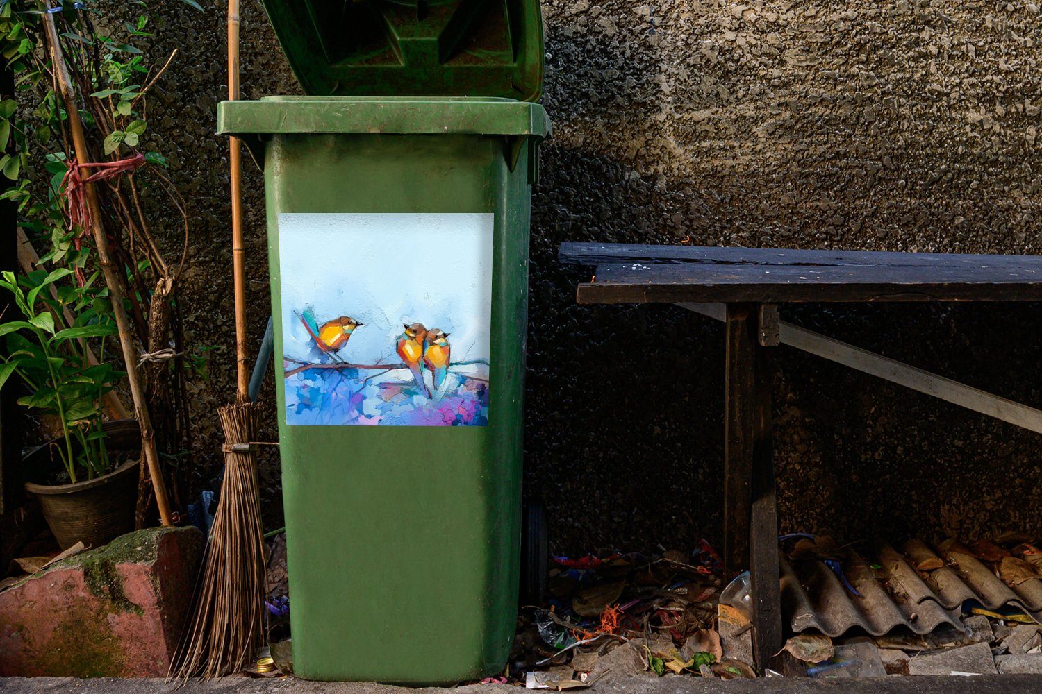 MuchoWow Wandsticker Gemälde - Ölfarbe Container, Mülltonne, St), Zweig (1 Vogel - - Abfalbehälter Sticker, Mülleimer-aufkleber