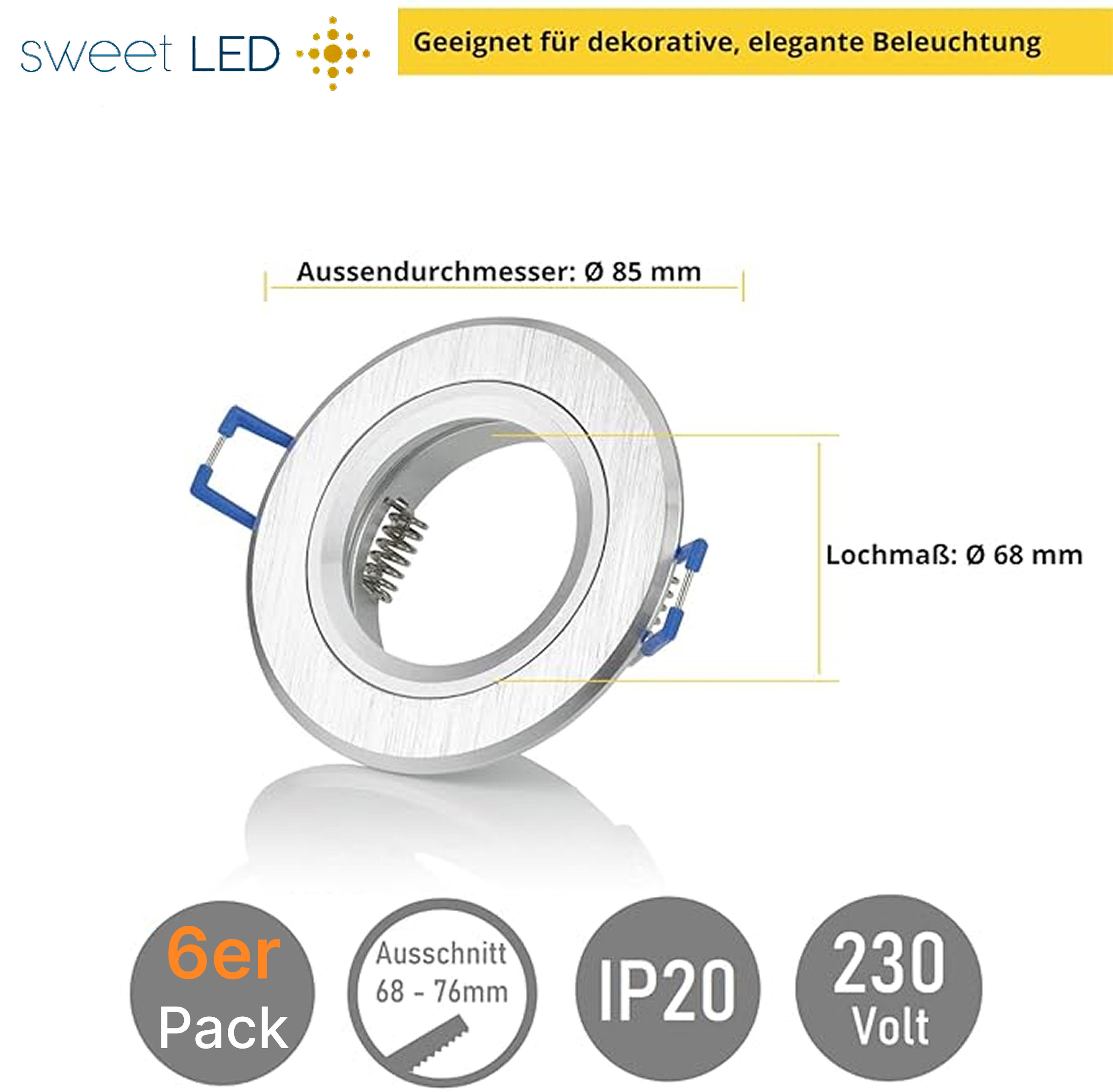 Sweet LED LED Einbaustrahler 6er SET LED Modul 5W 230V 3 CCT Deckenspots dimmbar schwenkbar Silber, 3000K warmweiß, 4000K neutralweiß, 6500K kaltweiß, Deckenspots, Ø 85 mm, Einbauleuchte