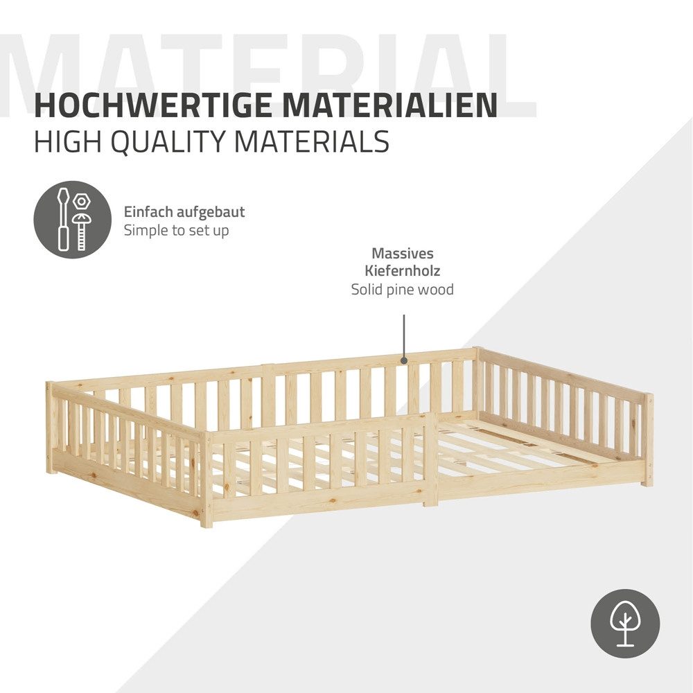 ML-DESIGN Spielbett Bodenbett Holzbett mit Lattenrost & Rausfallschutz Jugendbett Babybett, Abenteuerbett 140x200cm Natur Kinderbett Bettgestell ohne Matratze – Bild 5 von 5