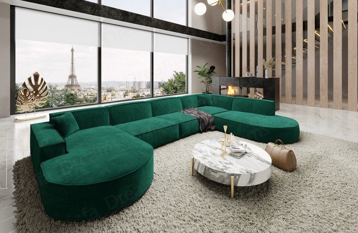 Sofa Dreams Wohnlandschaft Designer Stoff Sofa Modern Couch Alegranza U Form Stoffsofa Grün-Mo37