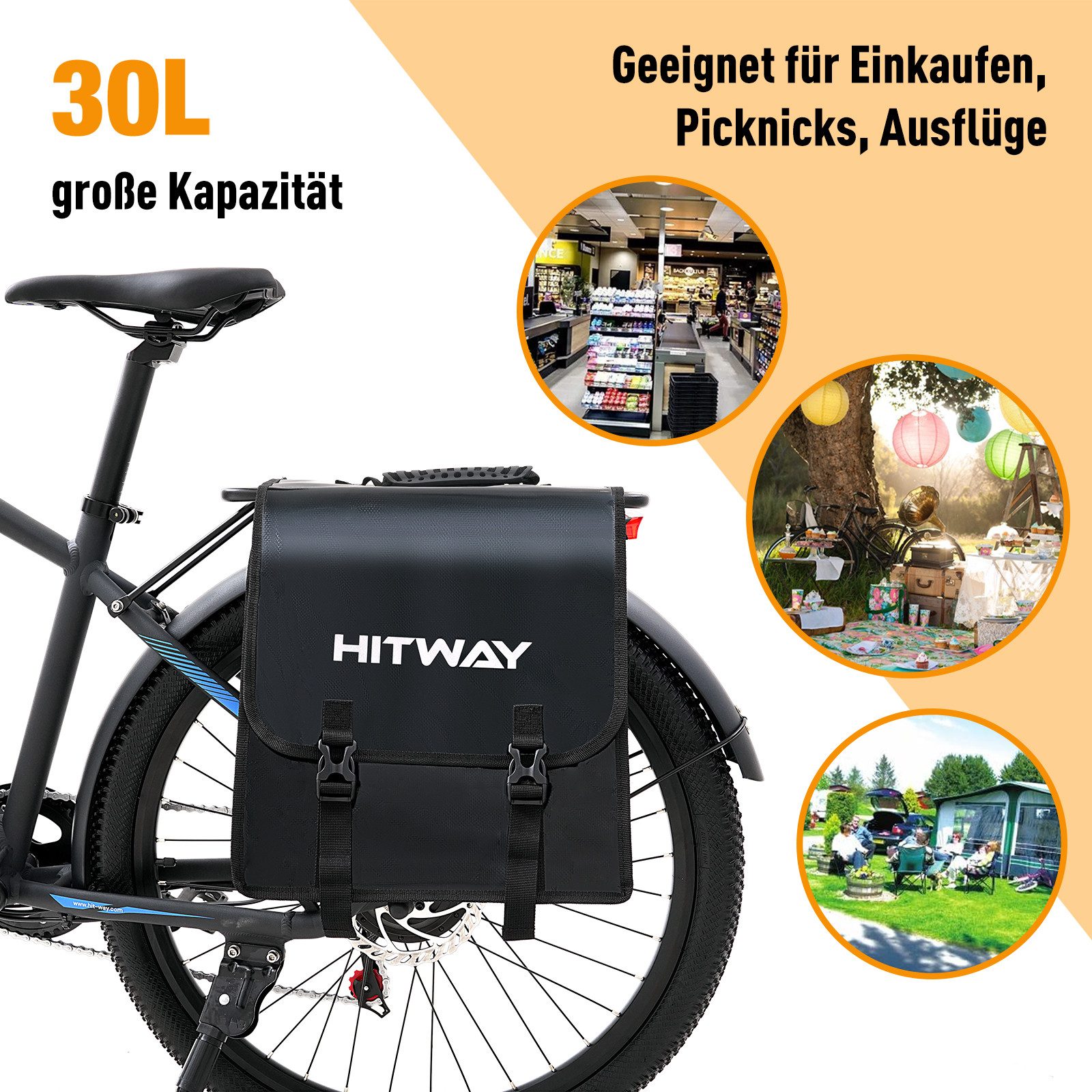 HITWAY Fahrradtasche Doppeltasche für Gepäckträger, 30L Große Gepäckträgertaschen