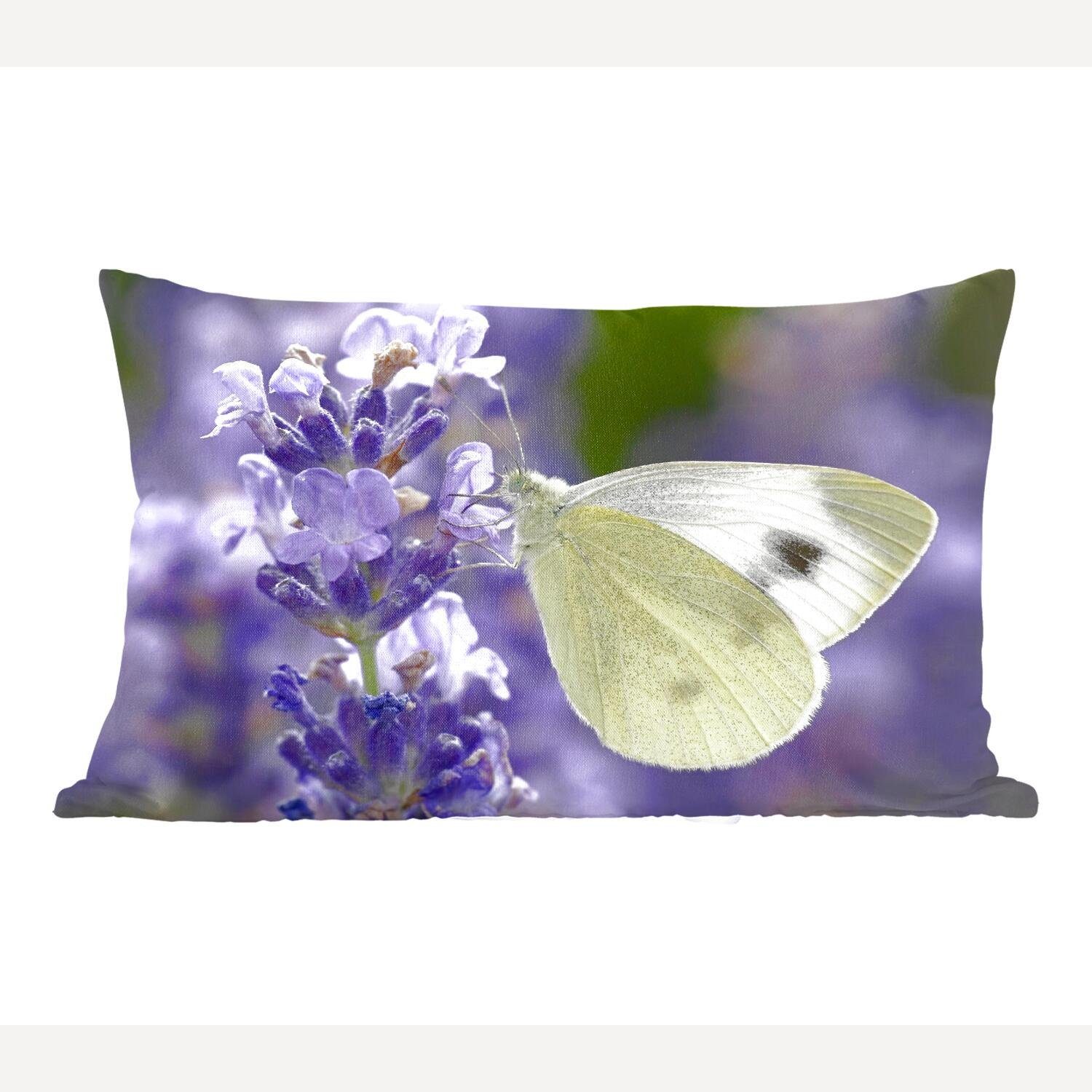 MuchoWow Dekokissen Weißer Schmetterling trinkt Lavendelnektar, Wohzimmer Dekoration, Zierkissen, Dekokissen mit Füllung, Schlafzimmer