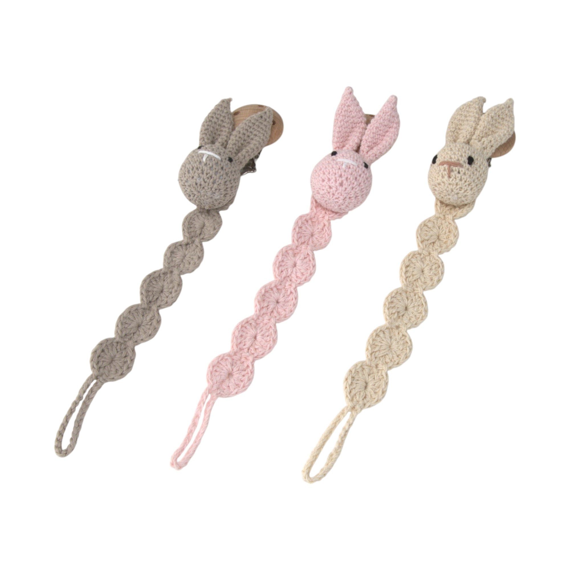 Zayno Schnullerbefestigung Handgemachte Schnullerkette "Hasi" in Grau, (Packung, 1-tlg., Ermuntert, den Schnuller eigenständig zu greifen), Beeindruckt mit einem zeitlosen Design