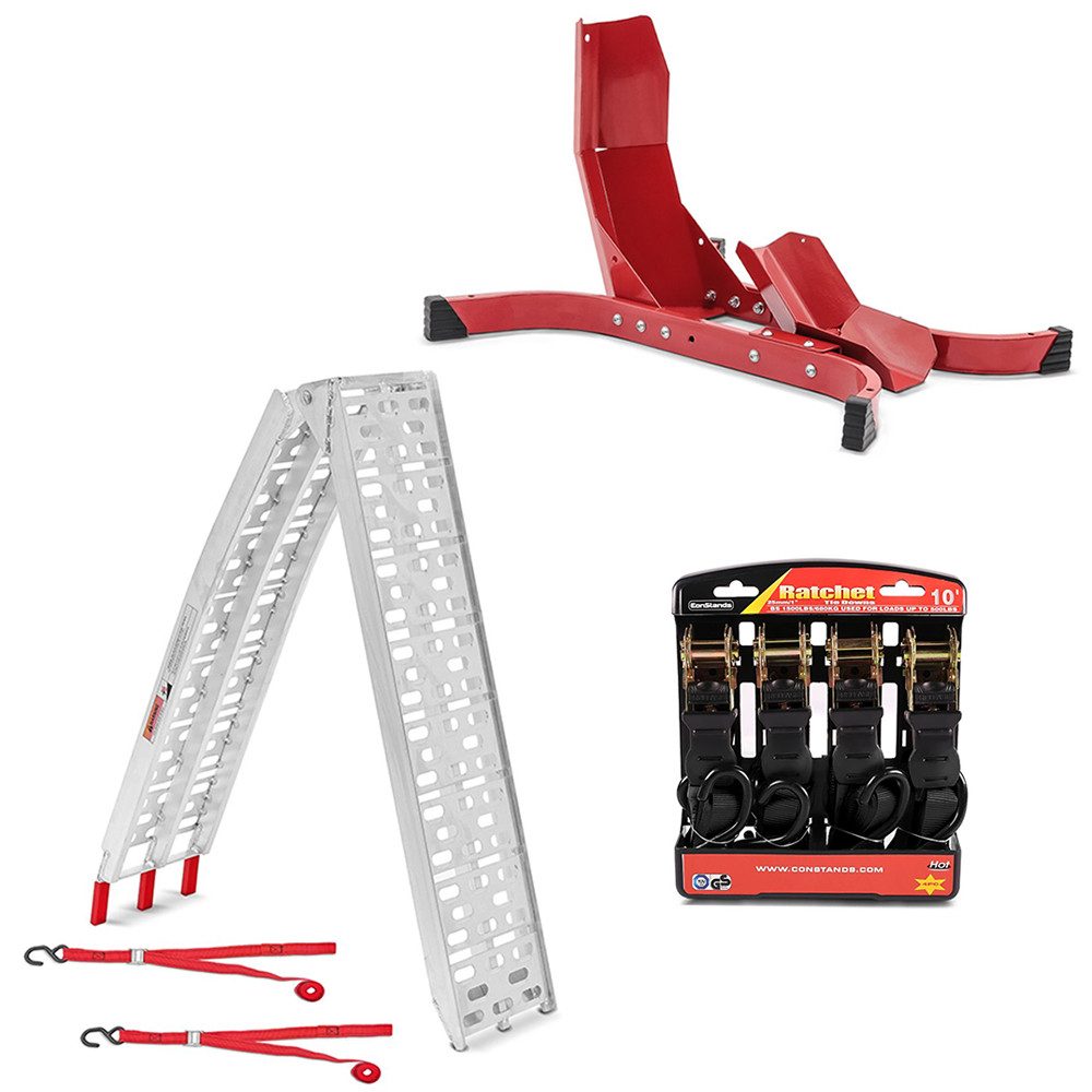 ConStands Motorradheber Auffahrrampe bis 340 kg Alu-I + Motorradwippe Easy-Plus rot + Spanngur