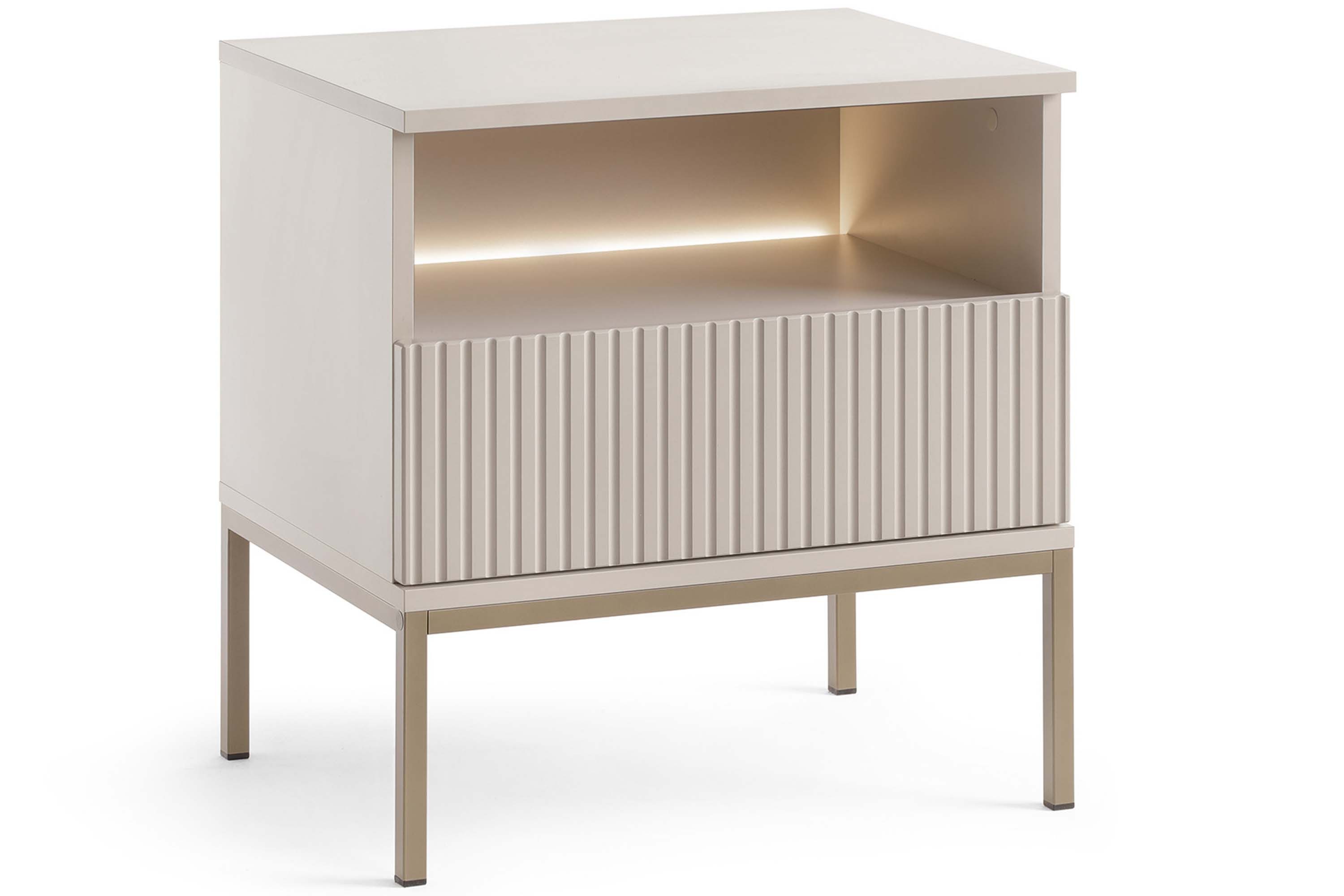 KONSIMO® Nachttisch FONTE Nachtschrank, geriffelte Fronten, hergestellt in der EU, Beistelltisch, Elegant, mit LED-Beleuchtung