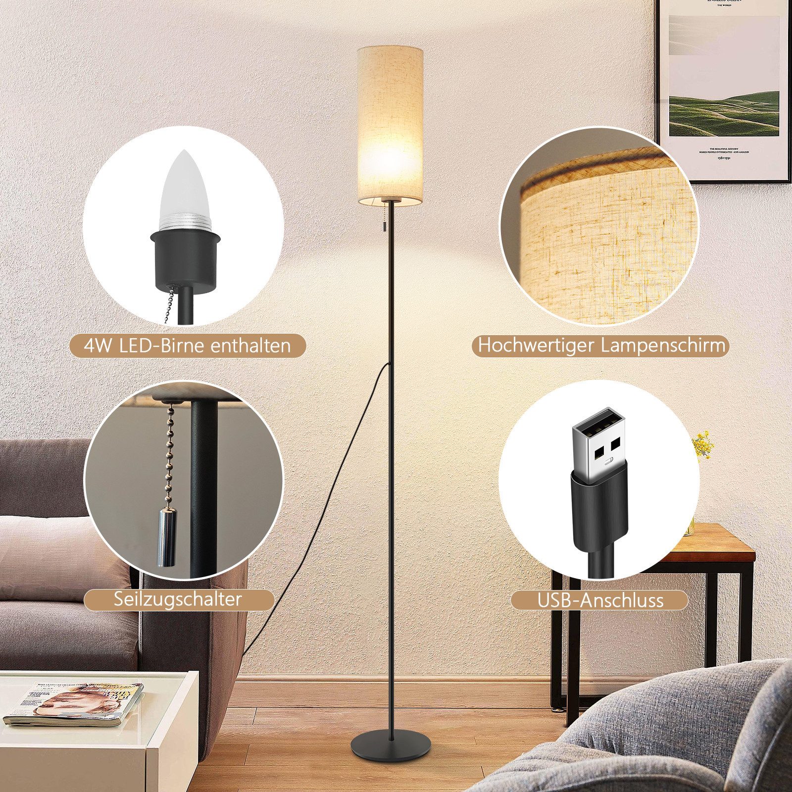 ZMH LED Stehlampe Wohnzimmer dimmbar 4W Weiß Retro Metall Stoffschirm Schlafzimmer, LED fest integriert, Warmweiß-Neutralweiß-Kaltweiß, Beige Lampenschirm Retro – Bild 5 von 5