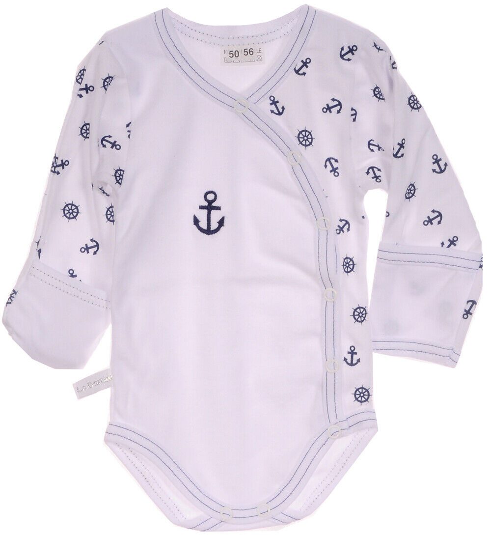 La Bortini Wickelbody Baby Body langarm mit Kratzschutz in Weiß mir Anker Muster aus reiner Buamwolle, 44 50 56 62 68 74 80 86 92 98 104