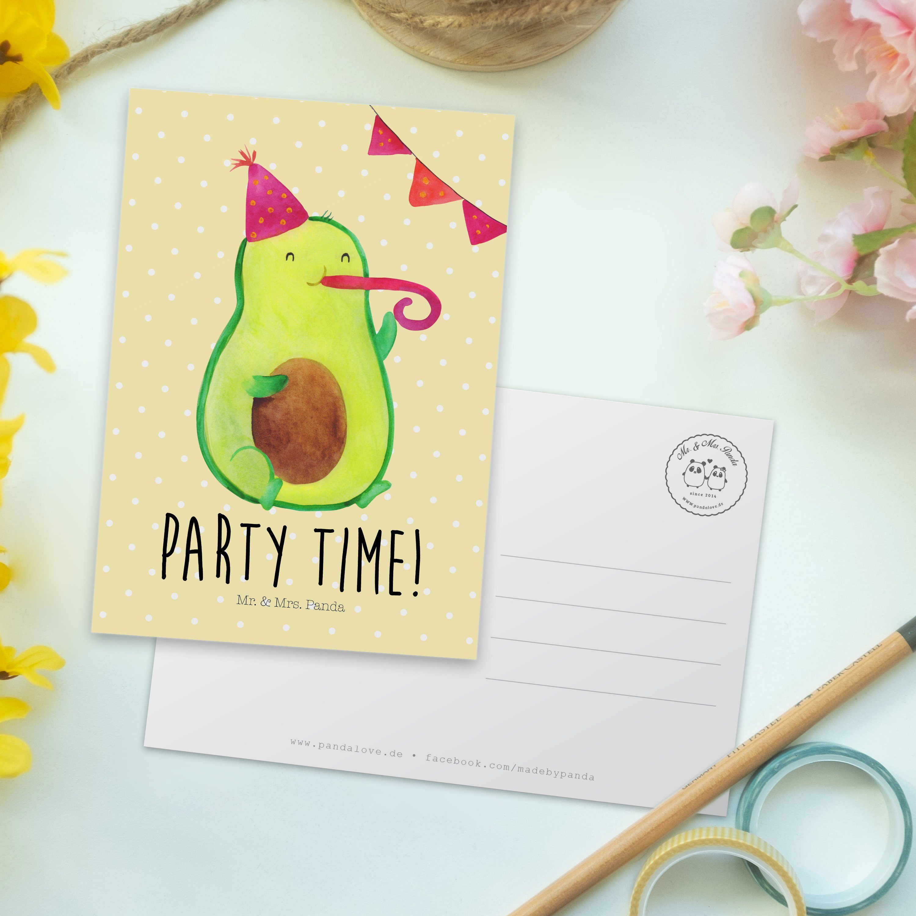 - Mr. Geschenk, Mrs. Dankeska & Geschenkkarte, Panda Party Time Gelb Avocado Pastell - Postkarte