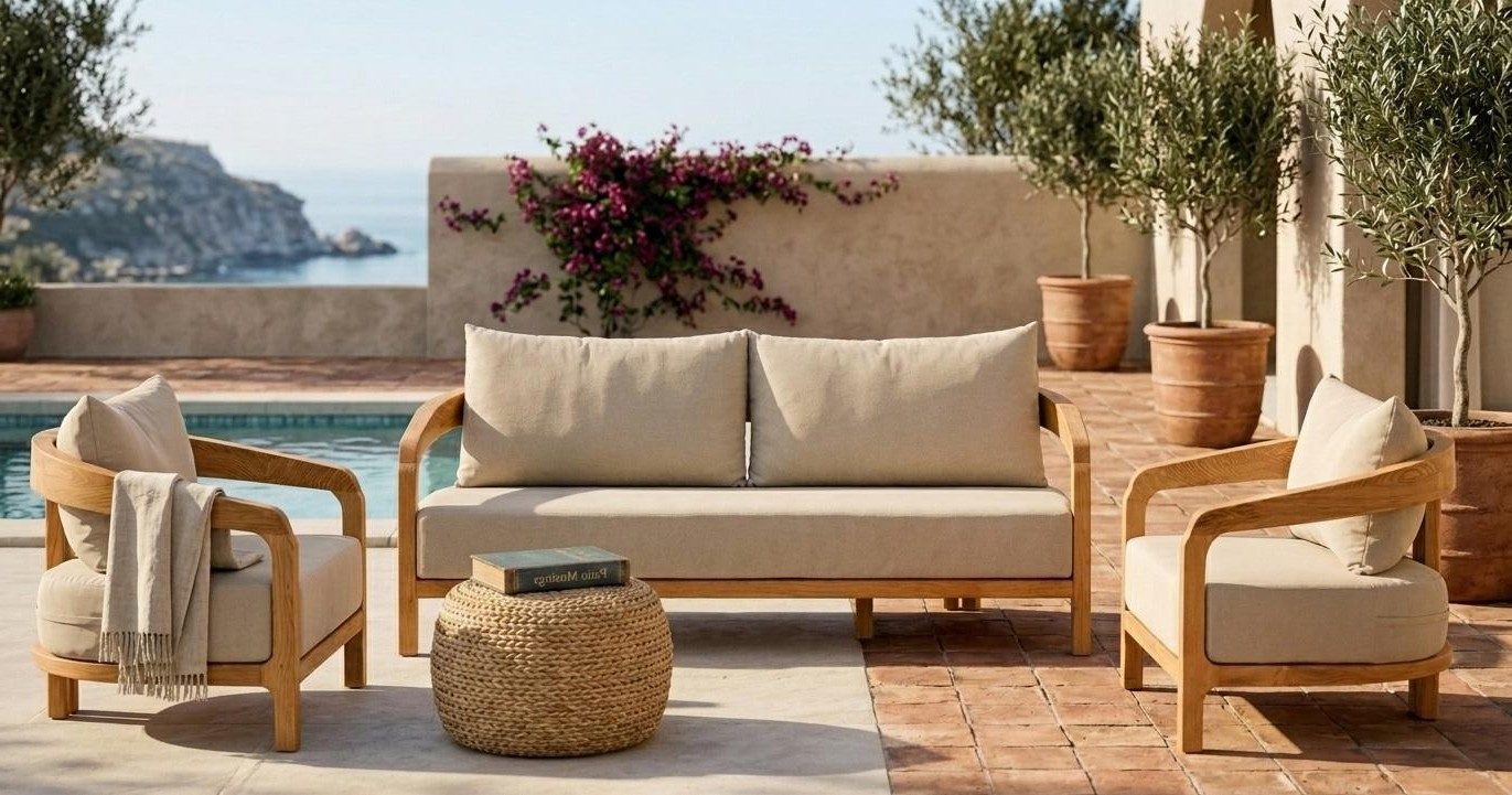 Xlmoebel Gartensofa Gartenlounge Set 3-Sitzer Sofa Sessel Beige Kissen Modern Neu, Gartenlounge Set 3 Teile, Modernes Design, für Terrasse/Balkon geeignet