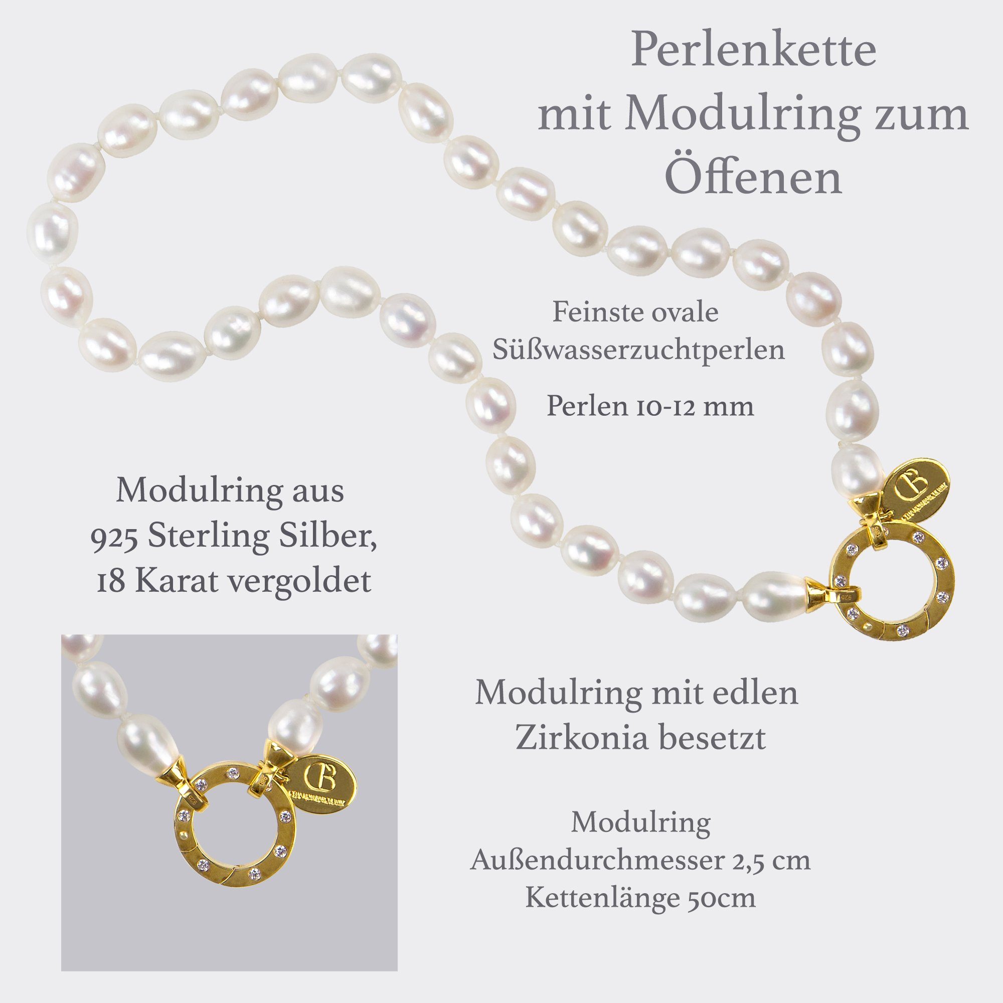 Celia von Barchewitz Perlenkette "Zeitlos Schön" aus ovalen Süßwasser-Zuchtperlen, Länge ca. 50 cm, Design-Federring mit Zirkonia als Verschluß