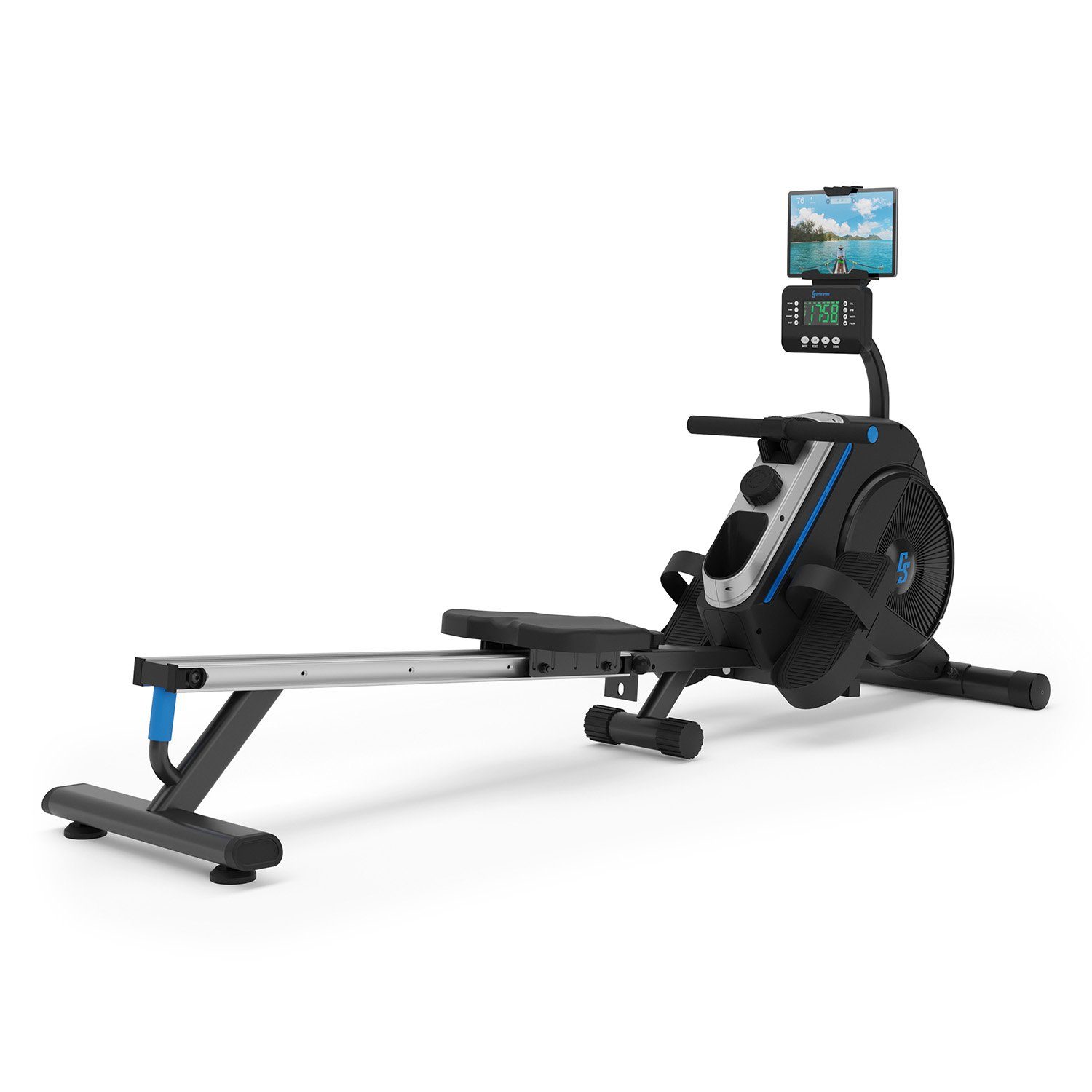 Capital Sports Rudermaschine Helios (Set, Tablethalterung;Kinomap-Integration), Magnet klappbar Bodenrollen Trainingscomputer LED