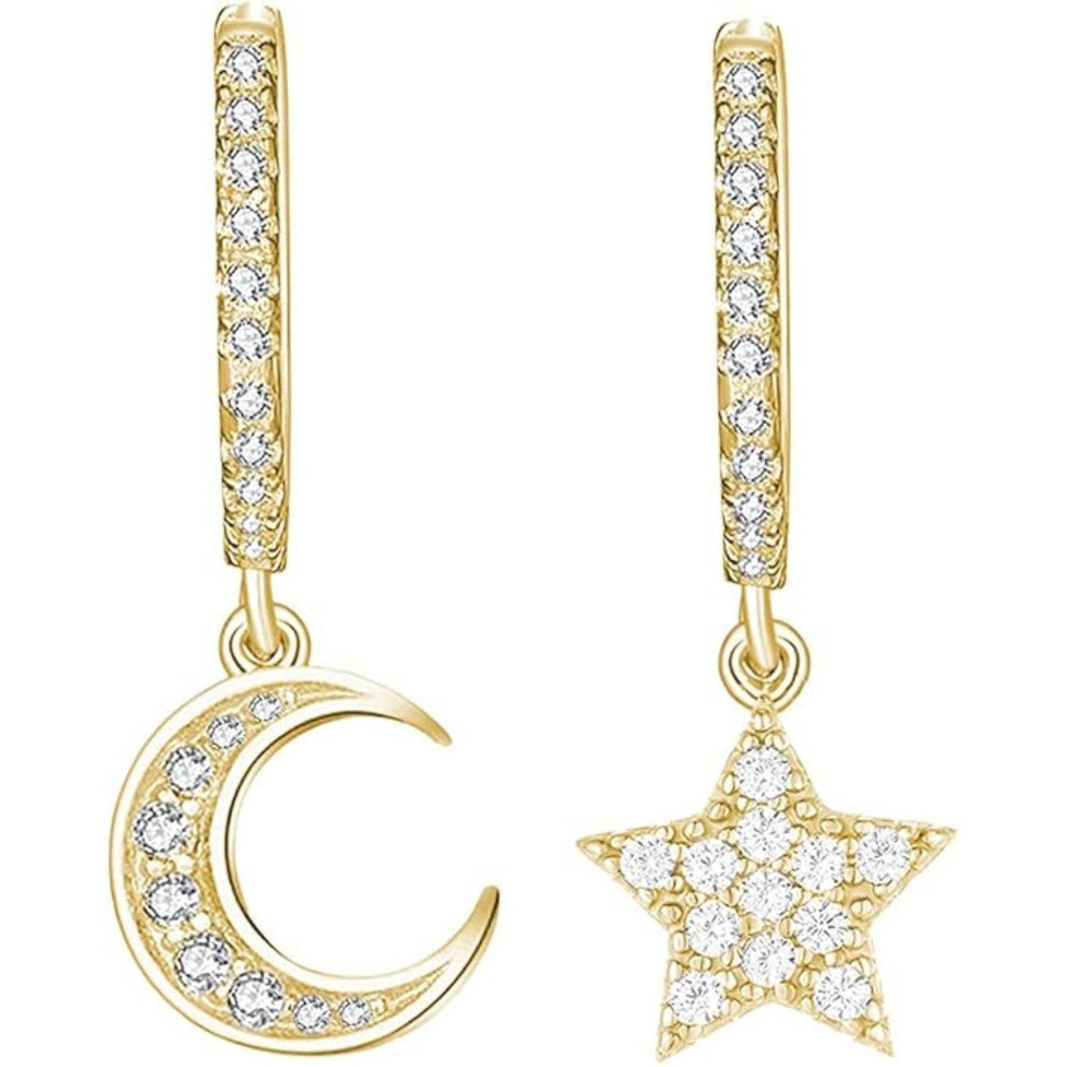Lisandra Scott Ohrhänger-Set Creolen Mond & Stern Anhänger aus 925 Silber, Hängende Ohrringe Damen, Mit oder ohne Strass Steinen – himmlische Creolen aus 925er Silber