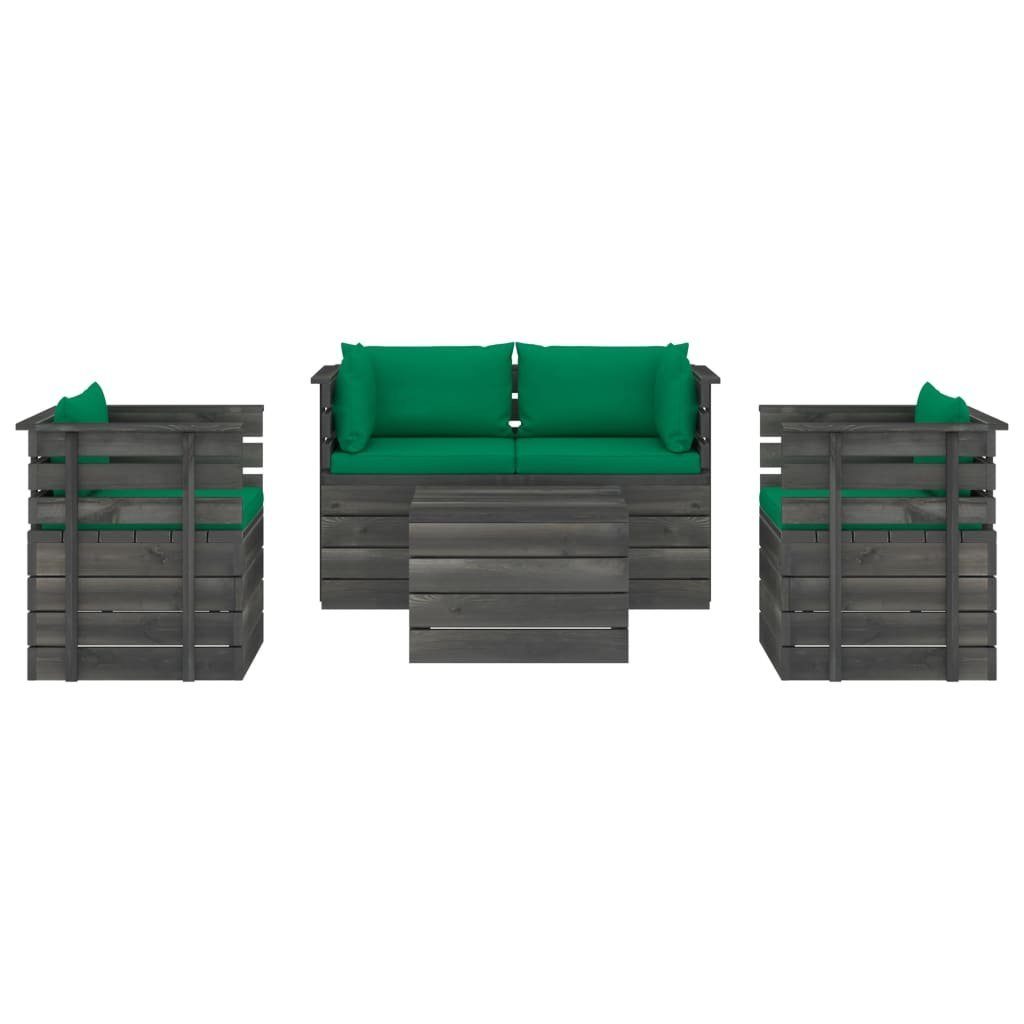 vidaXL Garten-Sofagarnitur 5-tlg. Grün (5-tlg) Gartenlounge-Set aus Paletten Kissen mit Kiefernholz,