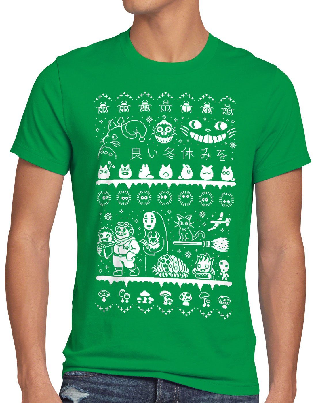 style3 Print-Shirt Herren T-Shirt Ghibli Anime Christmas Sweater t totoro mononoke schloss chihiro film grün
