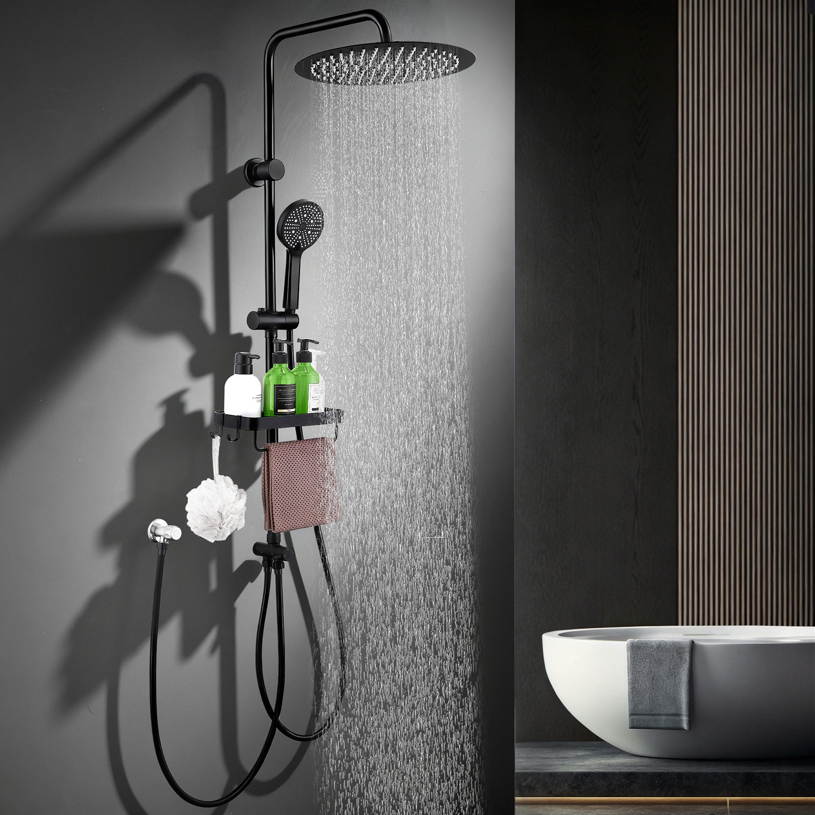 HOMELODY Duschsystem Regendusche 30 cm mit Ablage Handbrause 5 Funktionen Schwarz, Duschset Edelstahl Umsteller höhenverstellbar PVC Schlauch ohne Bohren