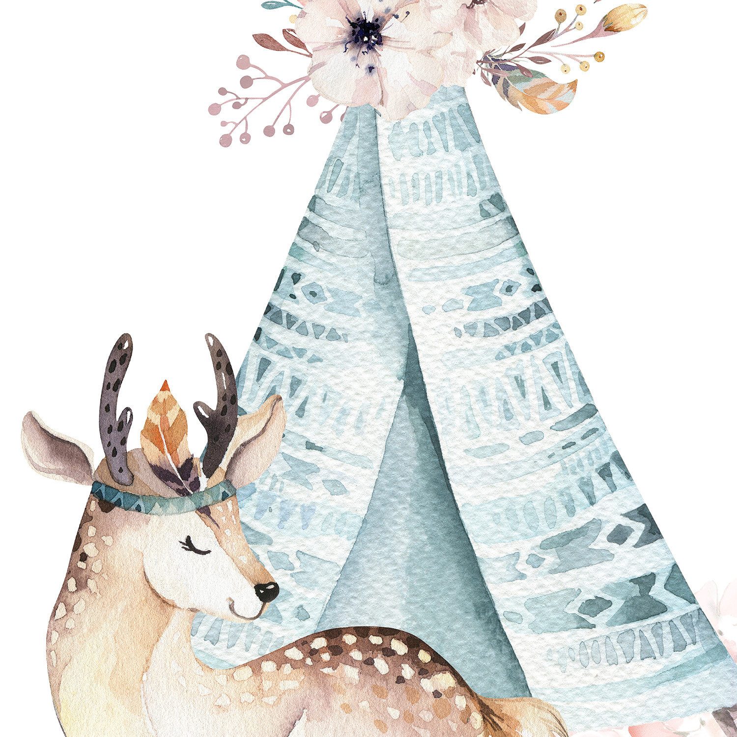 Rasch Fototapete Kinderzimmer mit Reh und Tipi mit Blumenschmuck in Blau, strukturiert, gemustert, (1 Rolle, 1 St), Aquarell-Optik