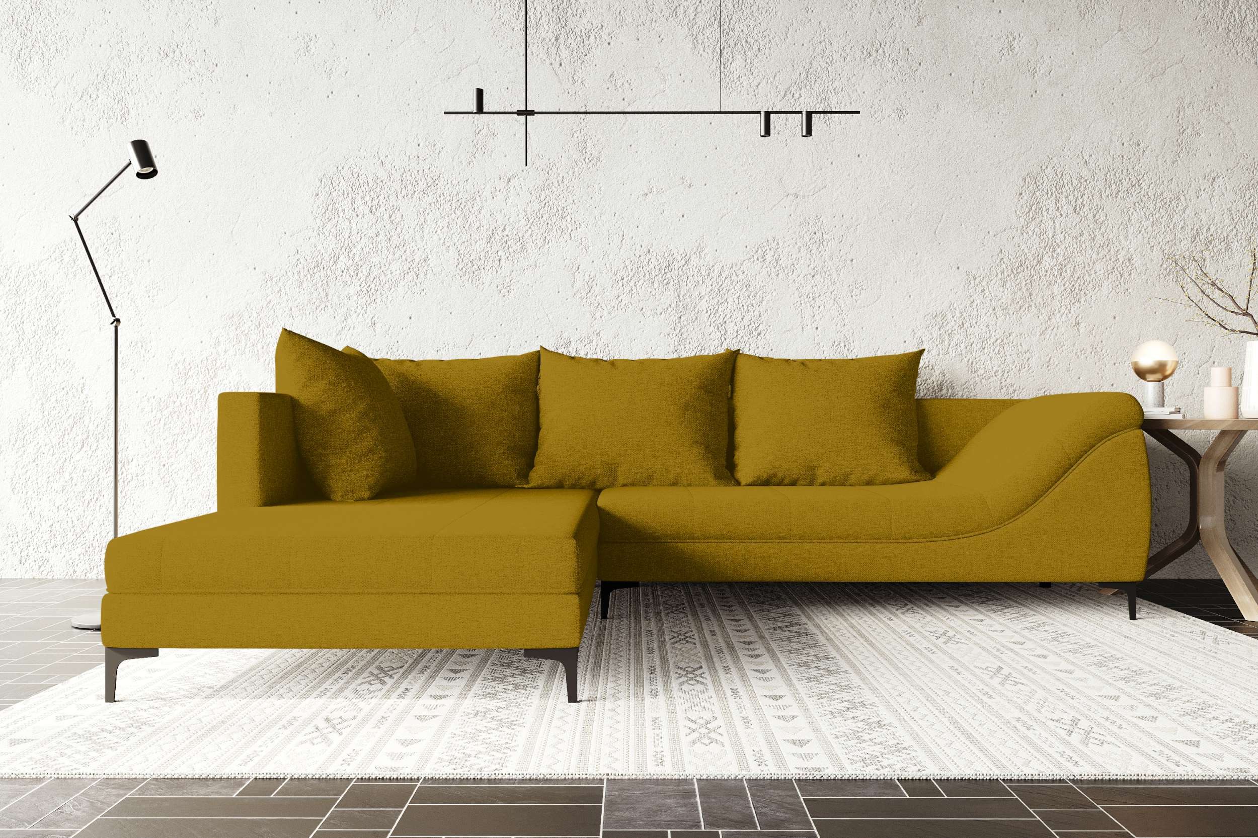 99rooms Ecksofa Loni, Ottomane links/rechts, 4 Rückenkissen, stabile Metallfüße