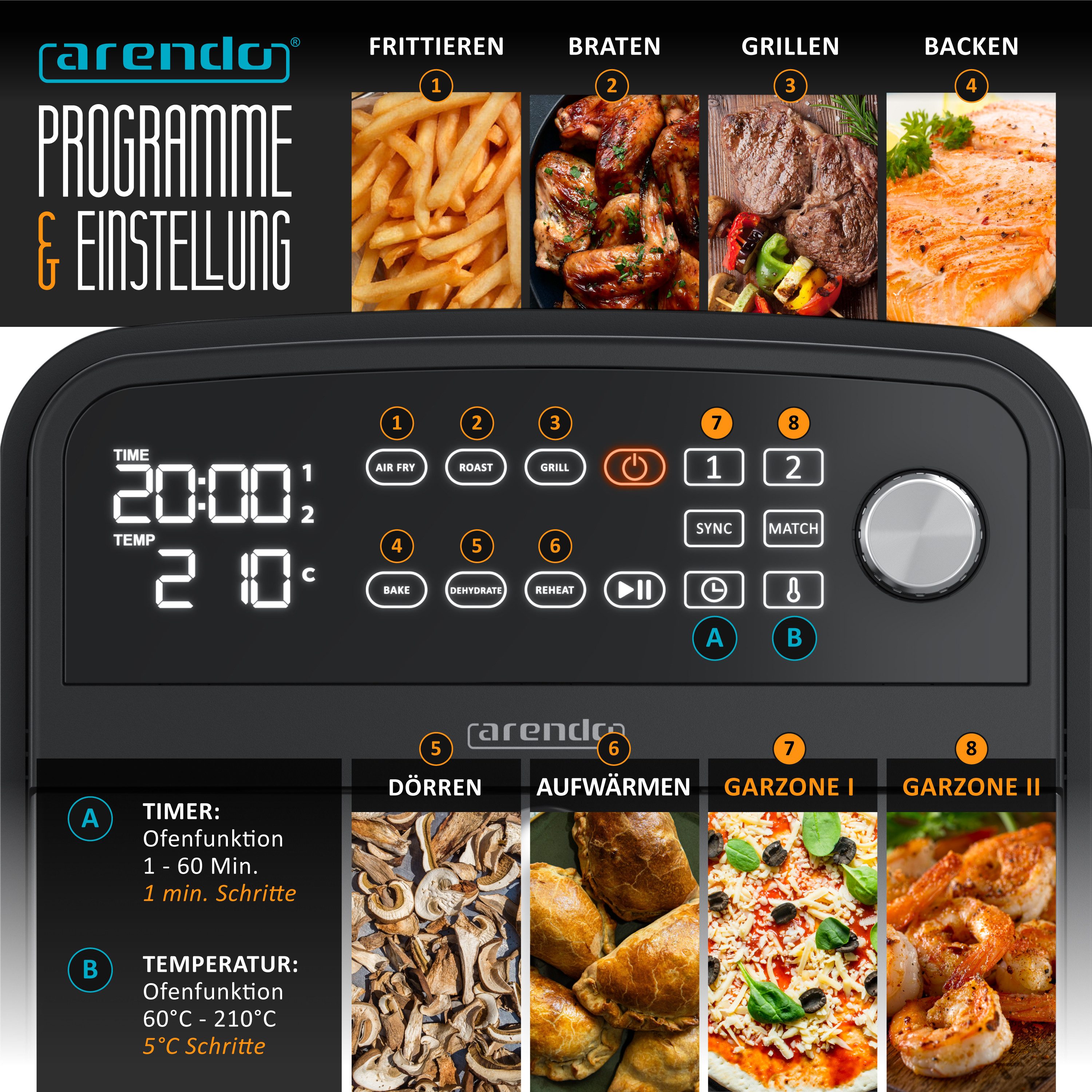 Arendo Heißluftfritteuse mit 2 Kammern Übereinander, XXL Doppelkammer Airfryer 11L, Dual Zone, 2400 W, mit Zubehör, Umluft Backofen, Edelstahl, fettarmes gesundes Kochen