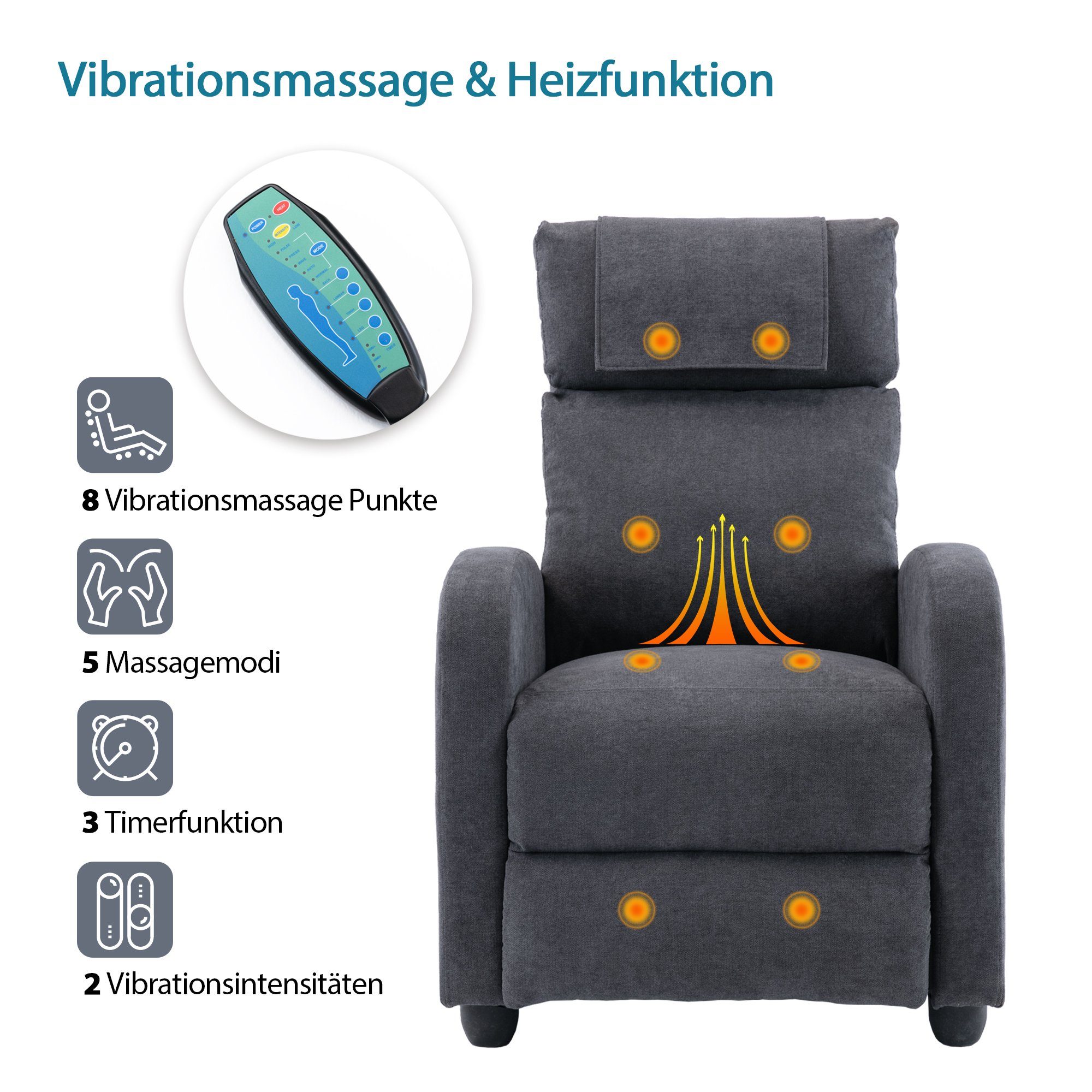 HomeGuru Massagesessel Relaxsessel,Fernsehsessel,Ruhesessel,Liegefunktion,Vibration,Heizung Packung) (1-St