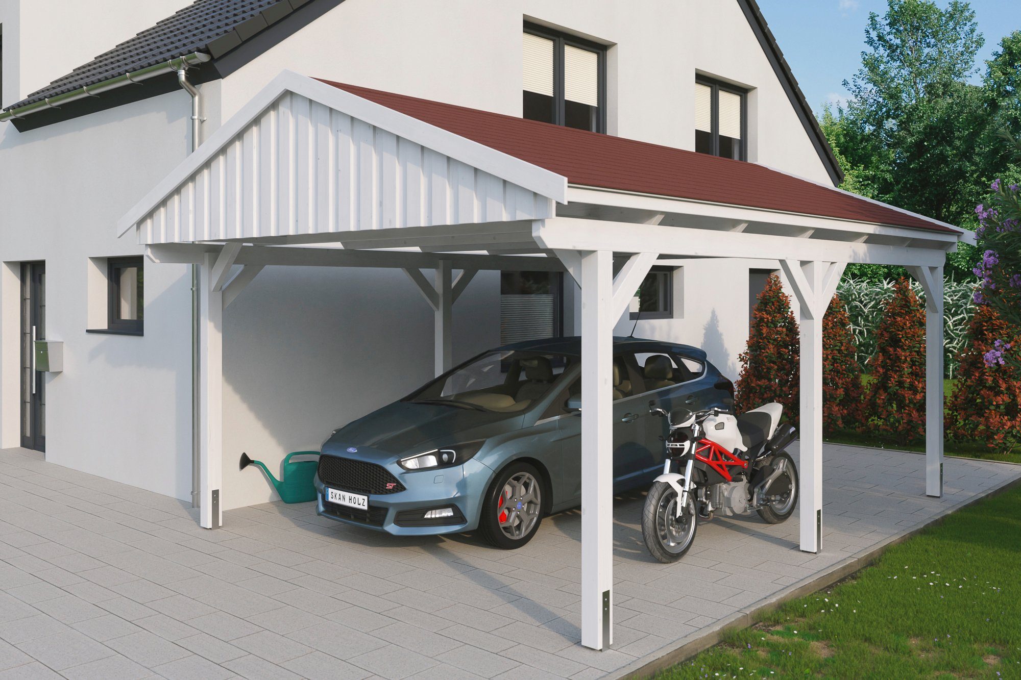 Skanholz Einzelcarport Fichtelberg, BxT: 423x566 cm, 379 cm Einfahrtshöhe, mit roten Schindeln | Carports