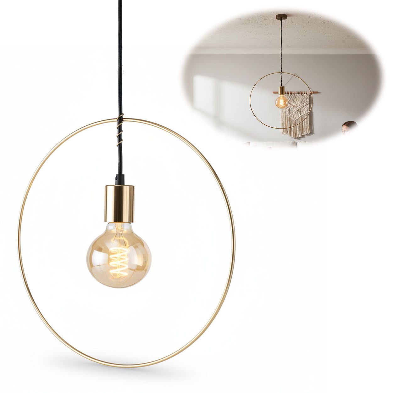 LS-LebenStil Pendelleuchte Deckenleuchte Ring Gold 40cm E27 Rund Hängelampe Hängeleuchte, Ein-/Ausschalter, E27, ohne Leuchtmittel, Deckenlampe - von der Decke hängend
