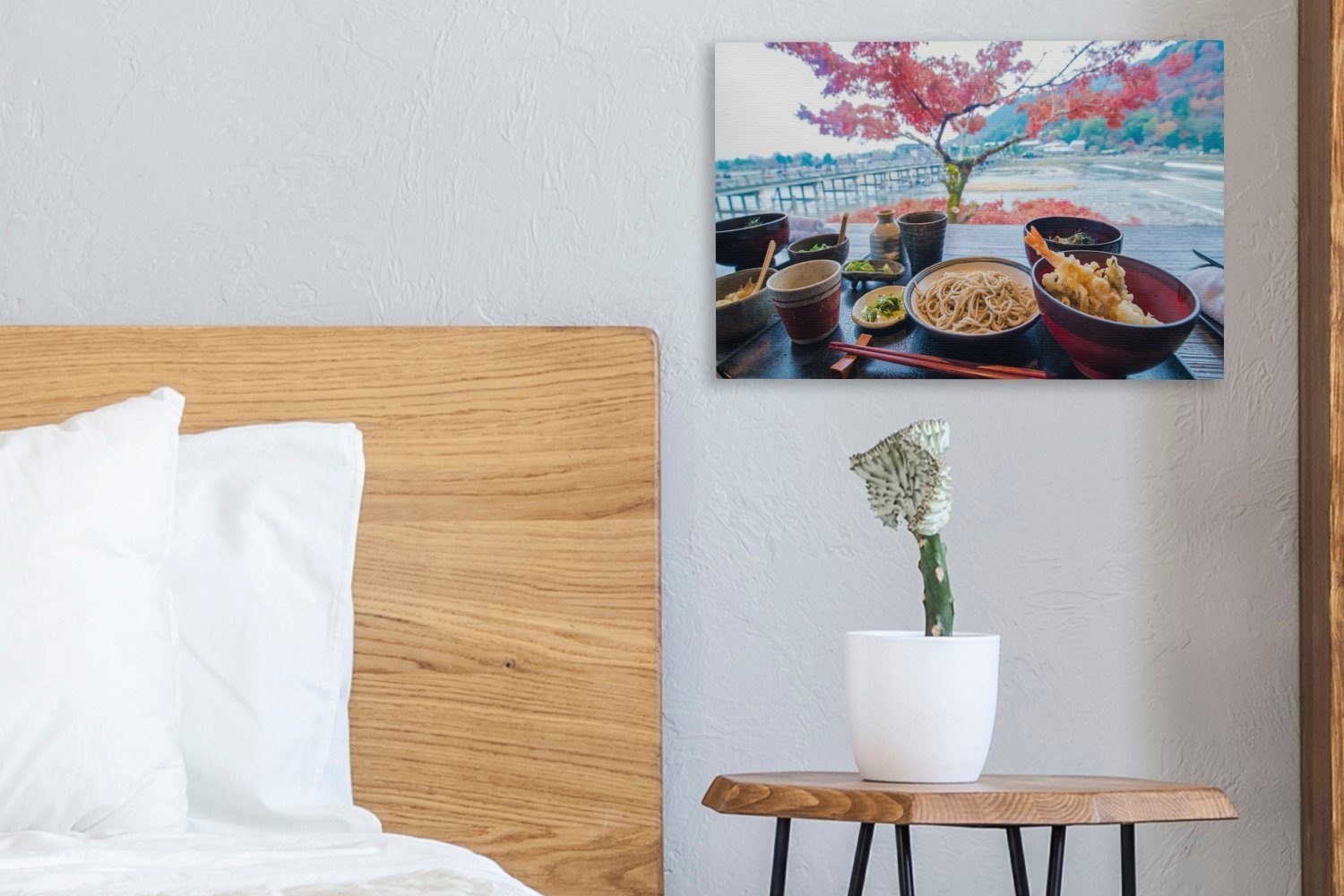 Tisch einen Wandbild OneMillionCanvasses® Gerichten (1 Blick Blütenbaum von mit St), Leinwandbilder, 30x20 der, Wanddeko, einem Aufhängefertig, cm Leinwandbild auf