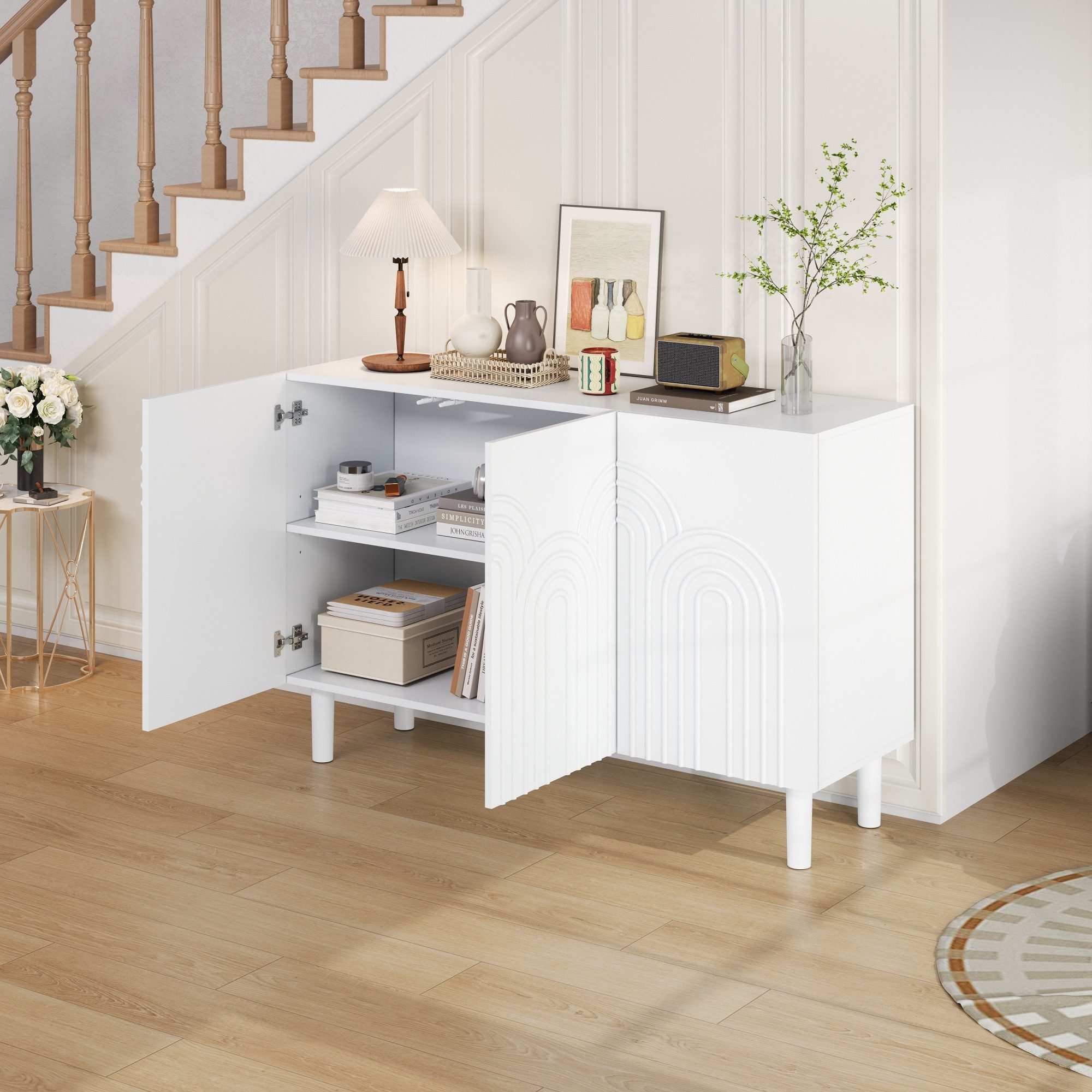 Merax Sideboard Wohnzimmerschrank mit 16 cm hohen Tischbeinen (1 St., 120x38,5x79 cm), Kommode mit 3 Türen, verstellbaren Einlegeböden & 5 Ablagefächern – Bild 4 von 5