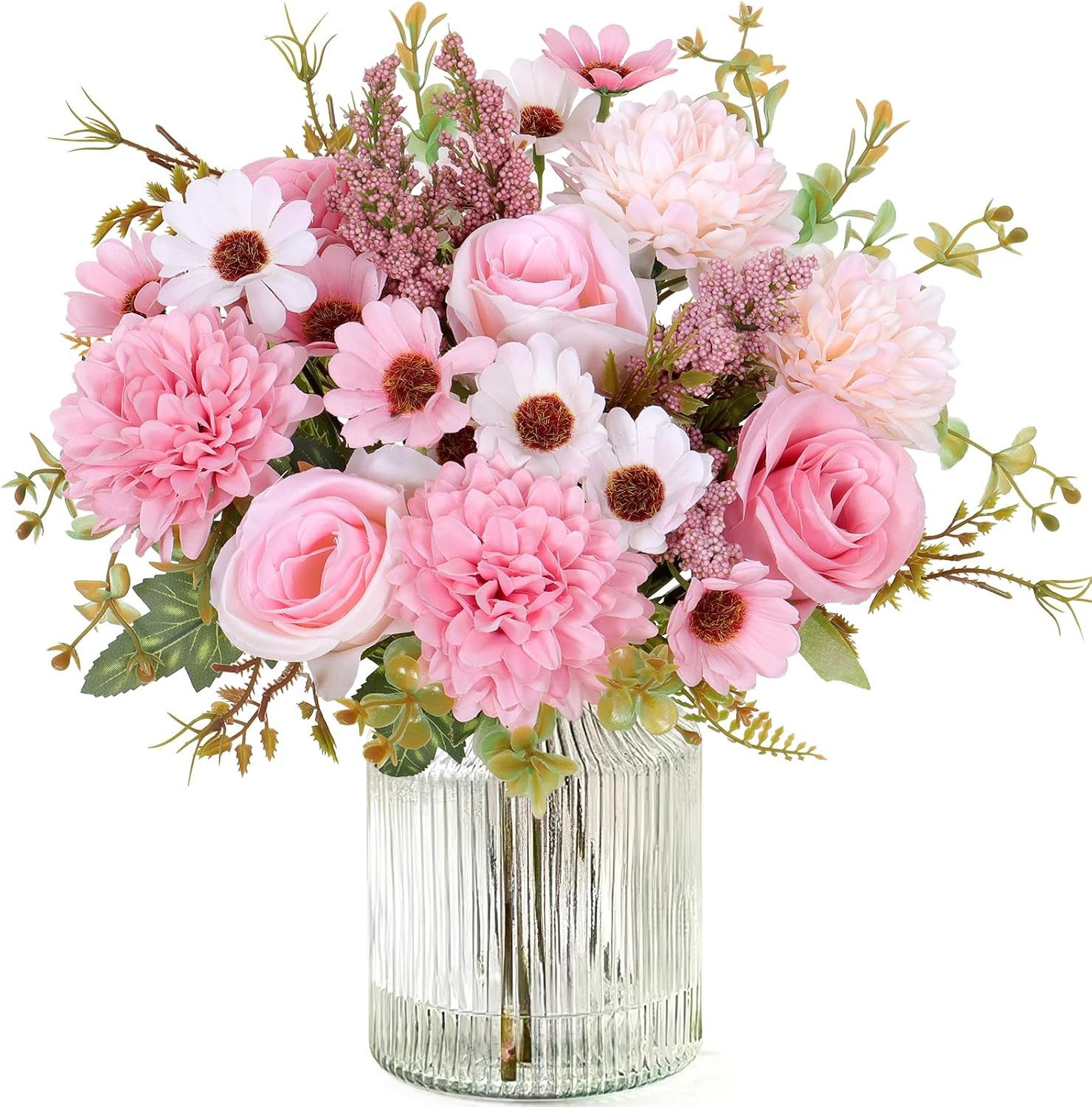 Kunstblumenstrauß Künstliche Blumen 2/4 Bündel künstliche Rosen Gänseblümchen, Agger, Perfekt für Hochzeit, Party oder Heimdekoration in Rosa