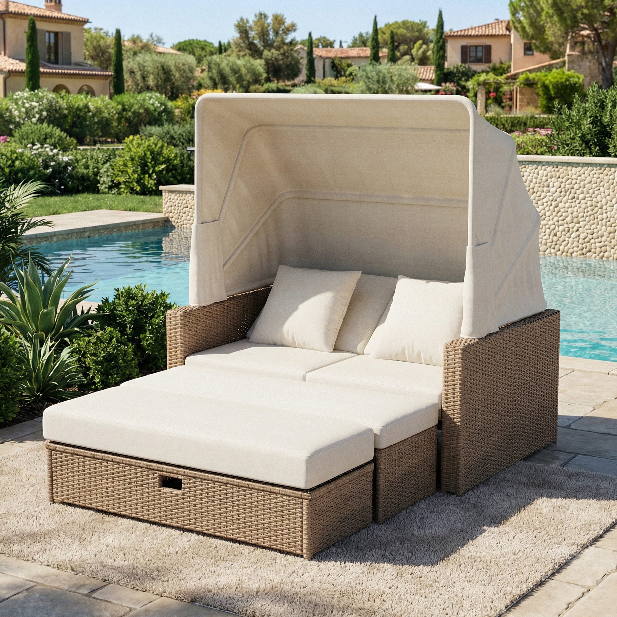 HAUSS SPOLE Gartenlounge-Set für 2-4 Personen,Loungesofa mit verstellbarem Sonnenschutzplane,Khaki, (Doppelsofa + Doppelbank + höhenverstellbarer Couchtisch), für Familientreffen oder Freundeszusammenkünfte.
